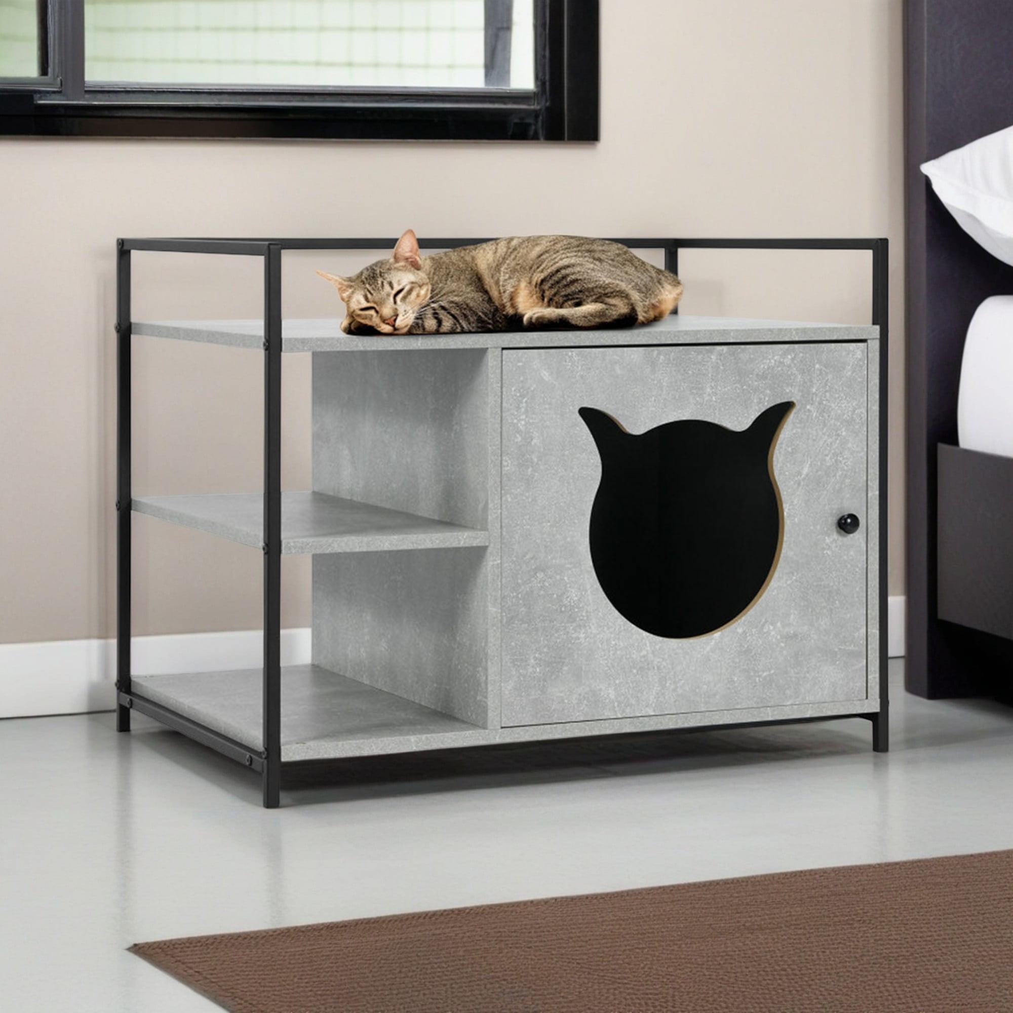 Pefilos 30" Hidden Cat Litter Box Enclosed Furniture, Indoor Wood Cat House with Iron Sturdy Structure, Gray Pefilos 30" Hidden Cat Litter Box Enclosed Furniture, Indoor Wood Cat House with Iron Sturdy Structure, Gray