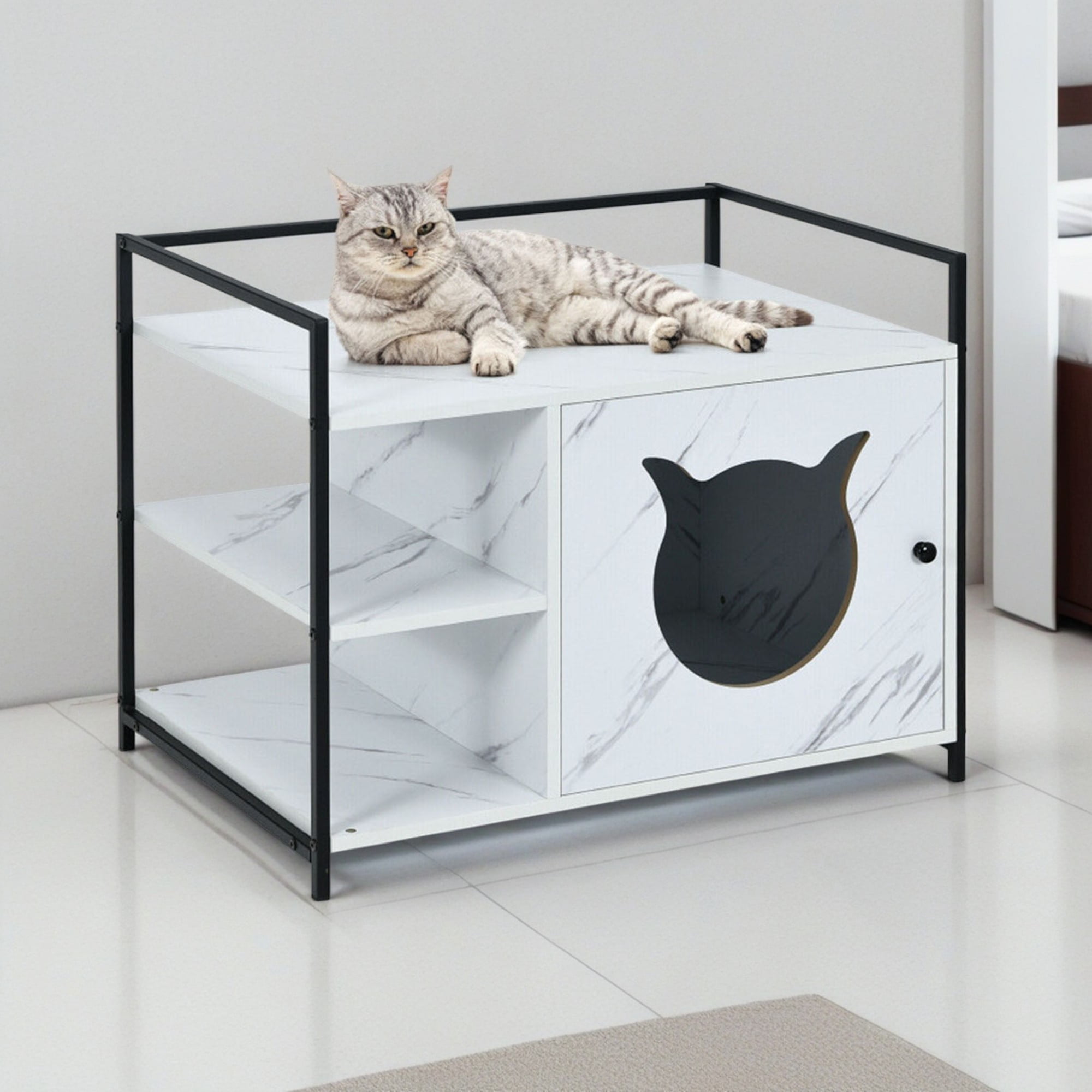 Pefilos 30" Hidden Cat Litter Box Enclosed Furniture, Indoor Wood Cat House with Iron Sturdy Structure, White Pefilos 30" Hidden Cat Litter Box Enclosed Furniture, Indoor Wood Cat House with Iron Sturdy Structure, White