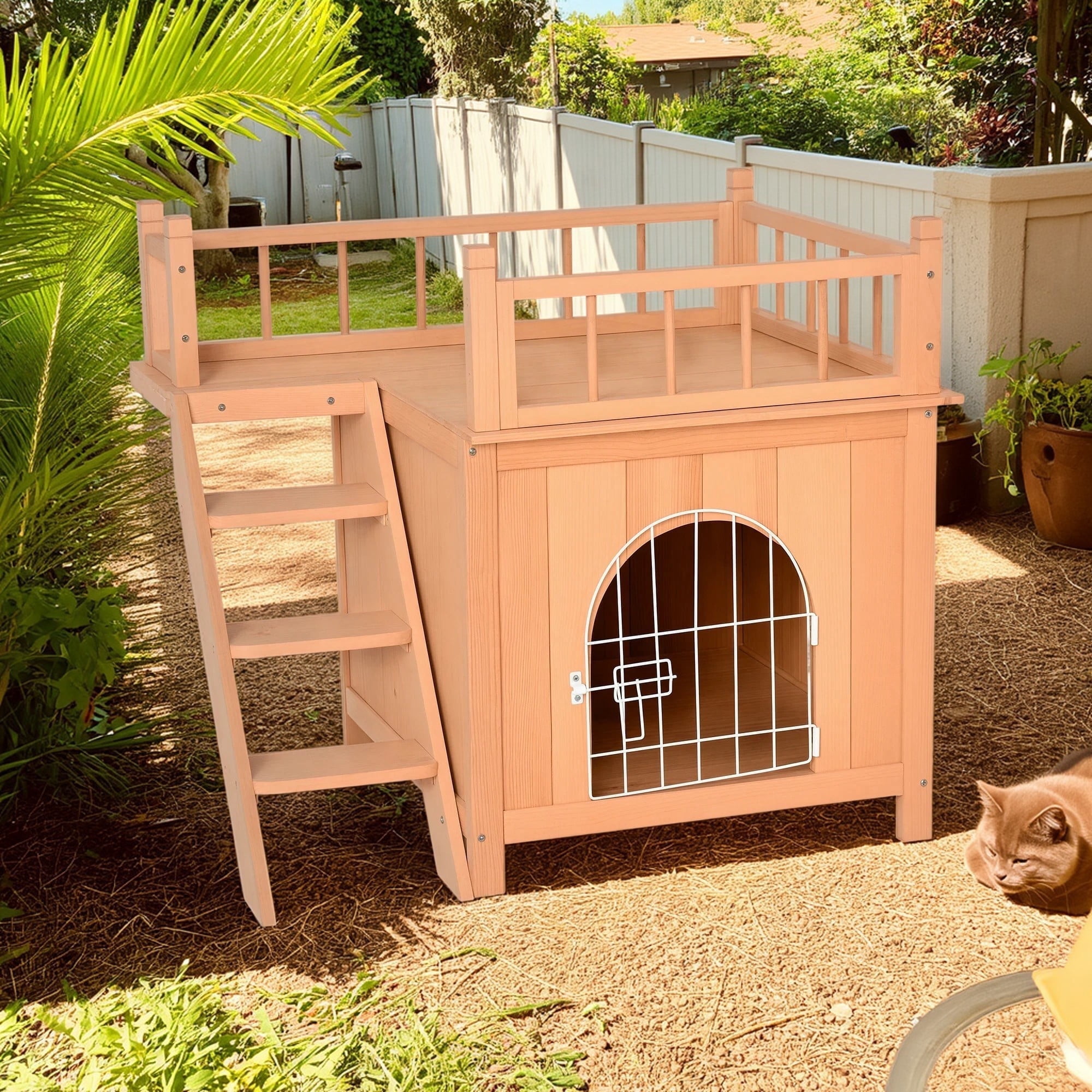 Pefilos 28" Outdoor Cat House with Lockable Wire Door, Stairs, Outside 2-Story Feral Cat Shelter, Indoor Kitty Condo, Orange