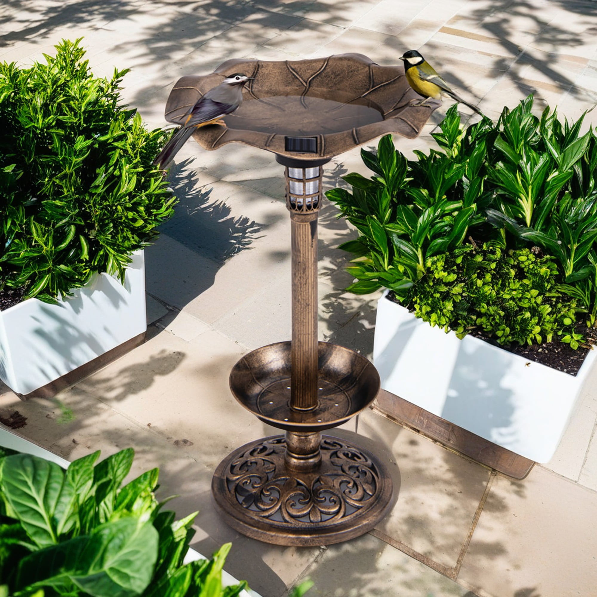 Pefilos 30" Outdoor Pedestal Garden Bird Bath with Solar Light, Bird Feeder and Flower Planter, Standing Lotus Leaf Bowl Birdbath, Brown Pefilos 30" Outdoor Pedestal Garden Bird Bath with Solar Light, Bird Feeder and Flower Planter, Standing Lotus Leaf Bowl Birdbath, Brown
