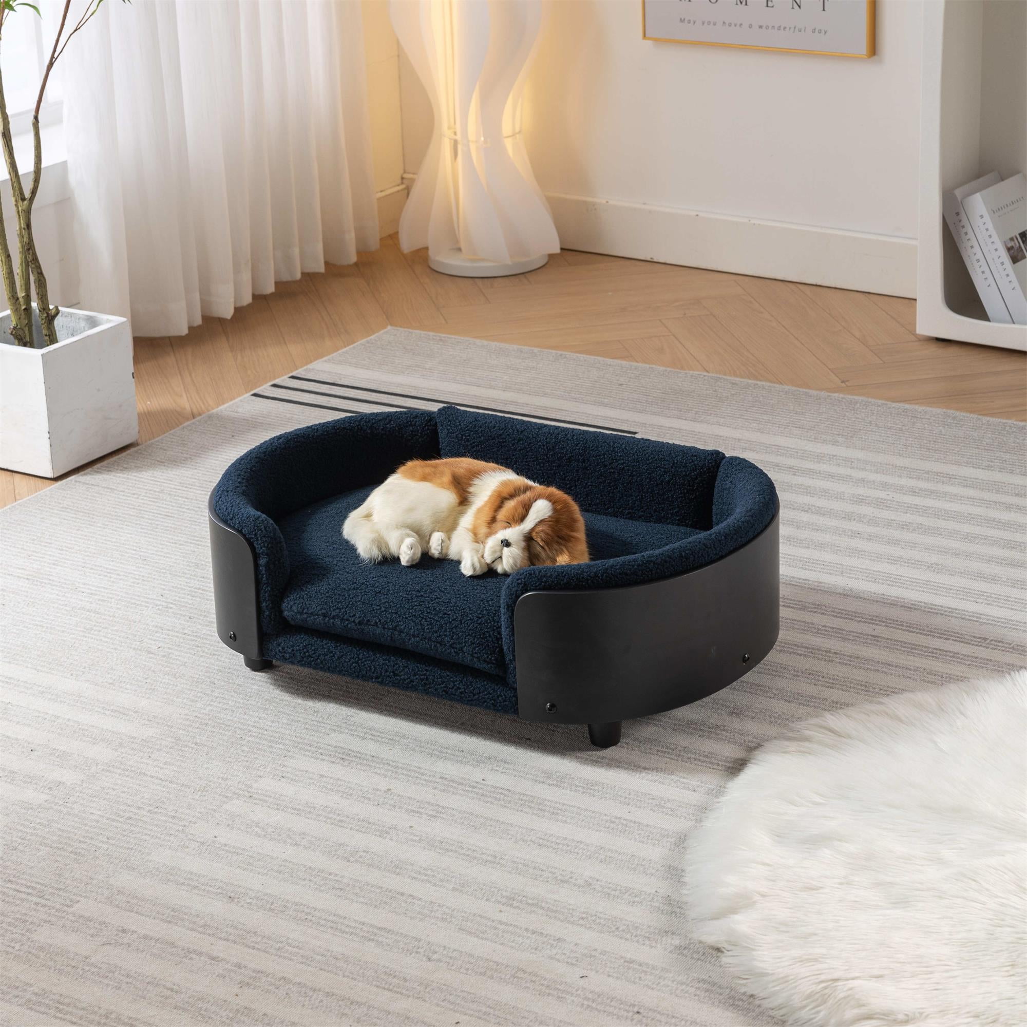 Pefilos 30" Pet Sofa for Indoors Dogs, Cat and Dog Bed with Solid Wood Legs and Black Bent Wood Back, Cashmere Cushion, Blue Pefilos 30" Pet Sofa for Indoors Dogs, Cat and Dog Bed with Solid Wood Legs and Black Bent Wood Back, Cashmere Cushion, Blue