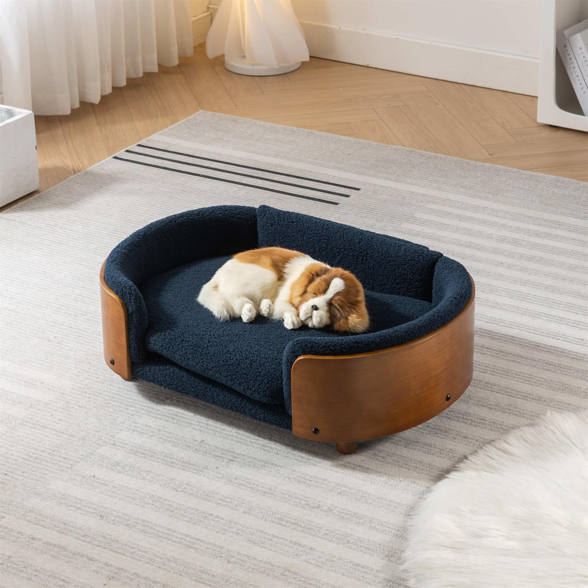 Pefilos 30" Pet Sofa for Indoors Dogs, Cat and Dog Bed with Solid Wood Legs and Walnut Bent Wood Back, Cashmere Cushion, Blue Pefilos 30" Pet Sofa for Indoors Dogs, Cat and Dog Bed with Solid Wood Legs and Walnut Bent Wood Back, Cashmere Cushion, Blue