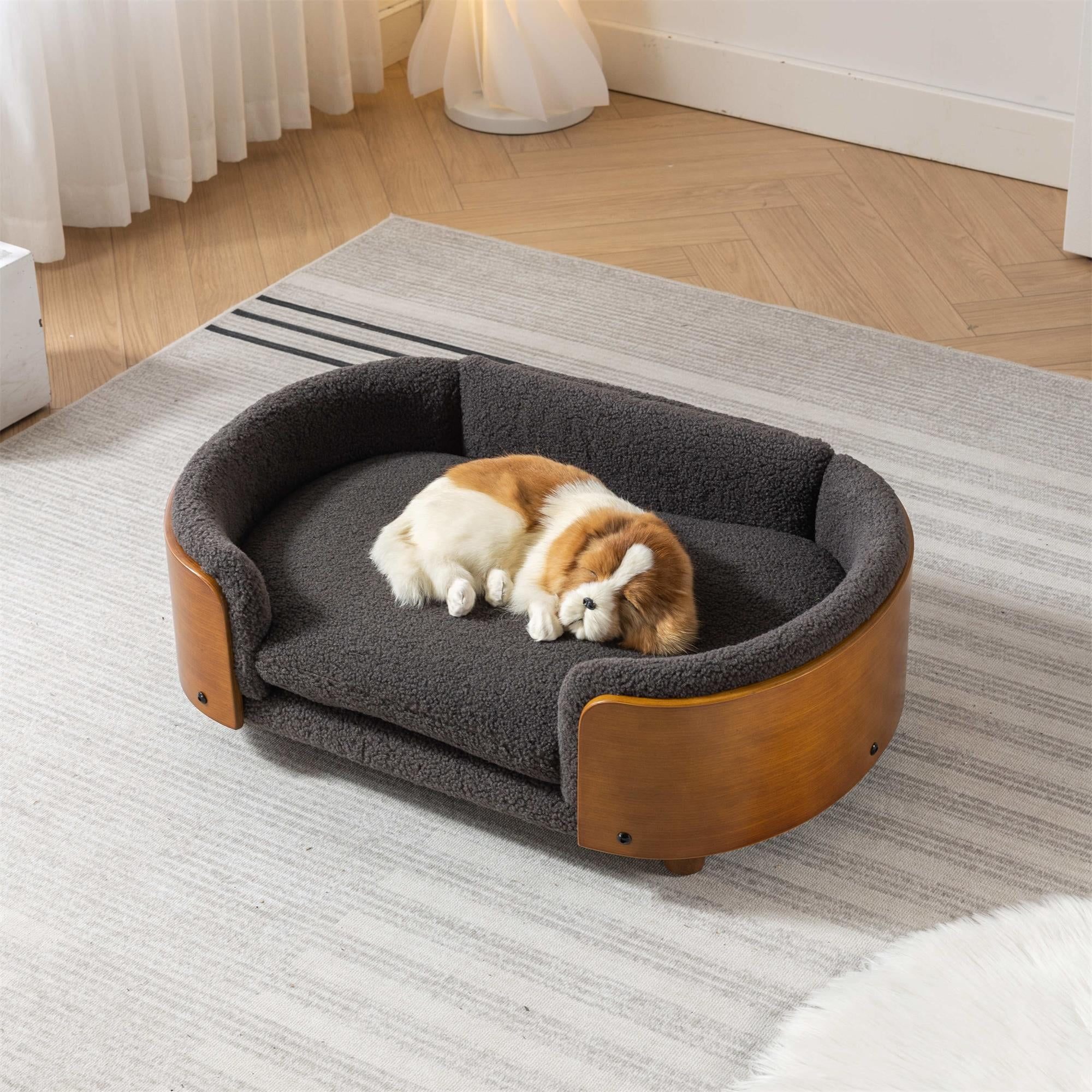 Pefilos 30" Pet Sofa for Indoors Dogs, Cat and Dog Bed with Solid Wood Legs and Walnut Bent Wood Back, Cashmere Cushion, Gray Pefilos 30" Pet Sofa for Indoors Dogs, Cat and Dog Bed with Solid Wood Legs and Walnut Bent Wood Back, Cashmere Cushion, Gray