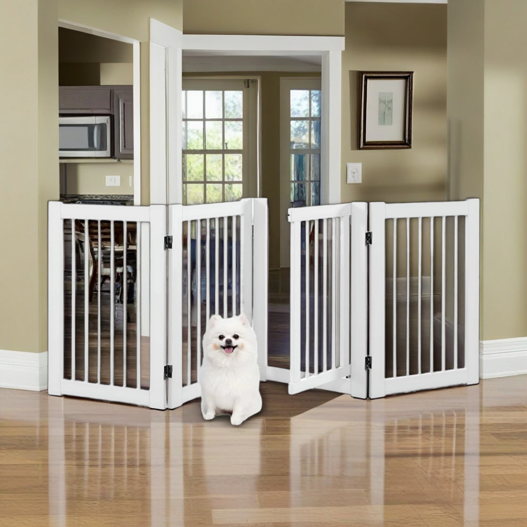 Pefilos 30" Tall 4-Panel Freestanding Pet Gate for Stairs, Folding Wood Dog Fence, White Pefilos 30" Tall 4-Panel Freestanding Pet Gate for Stairs, Folding Wood Dog Fence, White