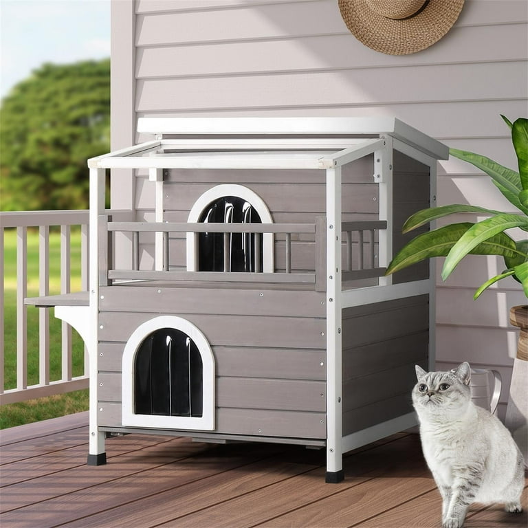 Pefilos 30 Wooden Cat House 2 Story Indoor Outdoor Luxurious Cat Shelter with Transparent Canopy Openable Weatherproof Roof Double Escape Door Gray Walmart