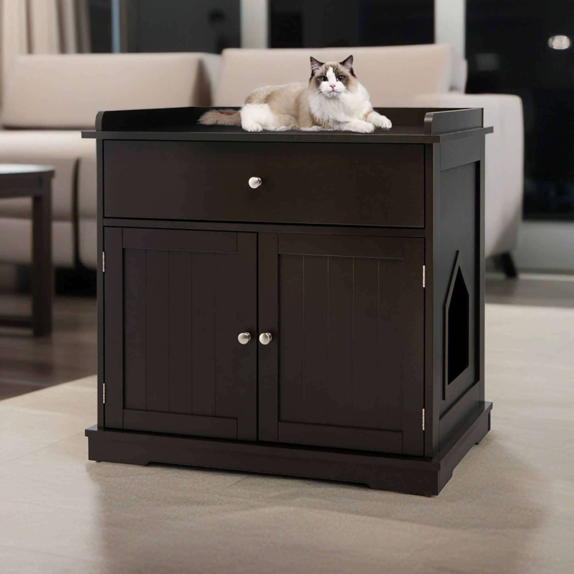 Pefilos 30" Wooden Cat Litter Box Enclosure Furniture with Drawer, Hidden Cat Washroom Indoor Cat House Pet Crate, Brown Pefilos 30" Wooden Cat Litter Box Enclosure Furniture with Drawer, Hidden Cat Washroom Indoor Cat House Pet Crate, Brown