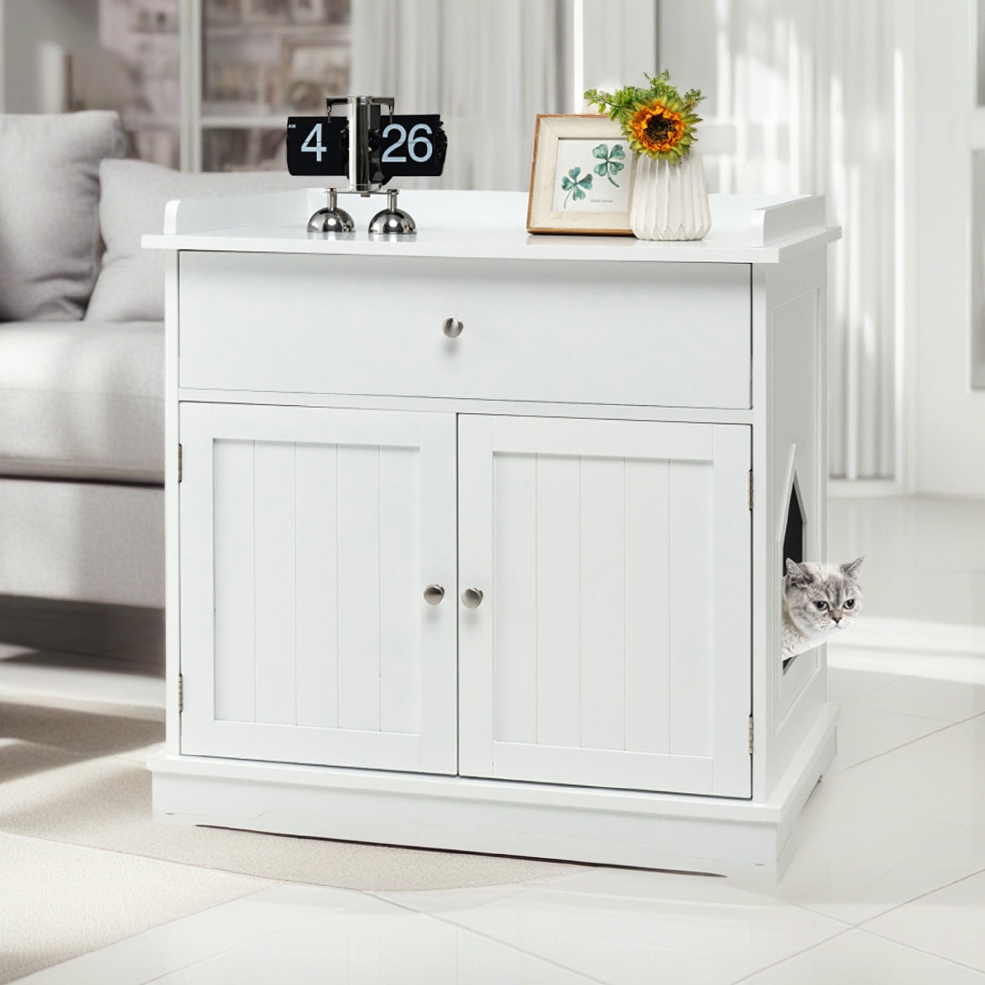 Pefilos 30" Wooden Cat Litter Box Enclosure Furniture with Drawer, Hidden Cat Washroom Indoor Cat House Pet Crate, White Pefilos 30" Wooden Cat Litter Box Enclosure Furniture with Drawer, Hidden Cat Washroom Indoor Cat House Pet Crate, White
