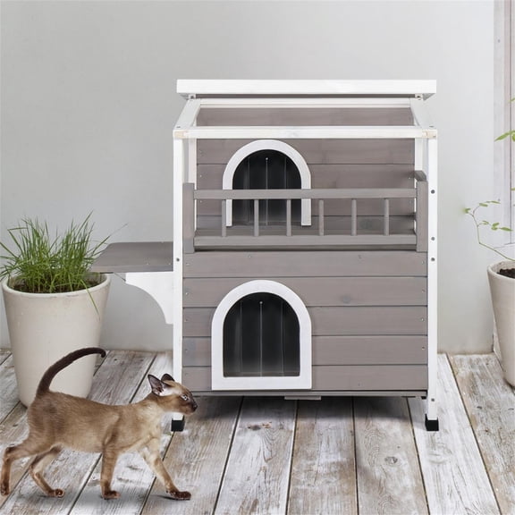 Pefilos 30" Wooden Outdoor Cat House 2-Story Indoor Luxurious Cat Shelter with Transparent Canopy, Double Escape Door Pet House, Gray