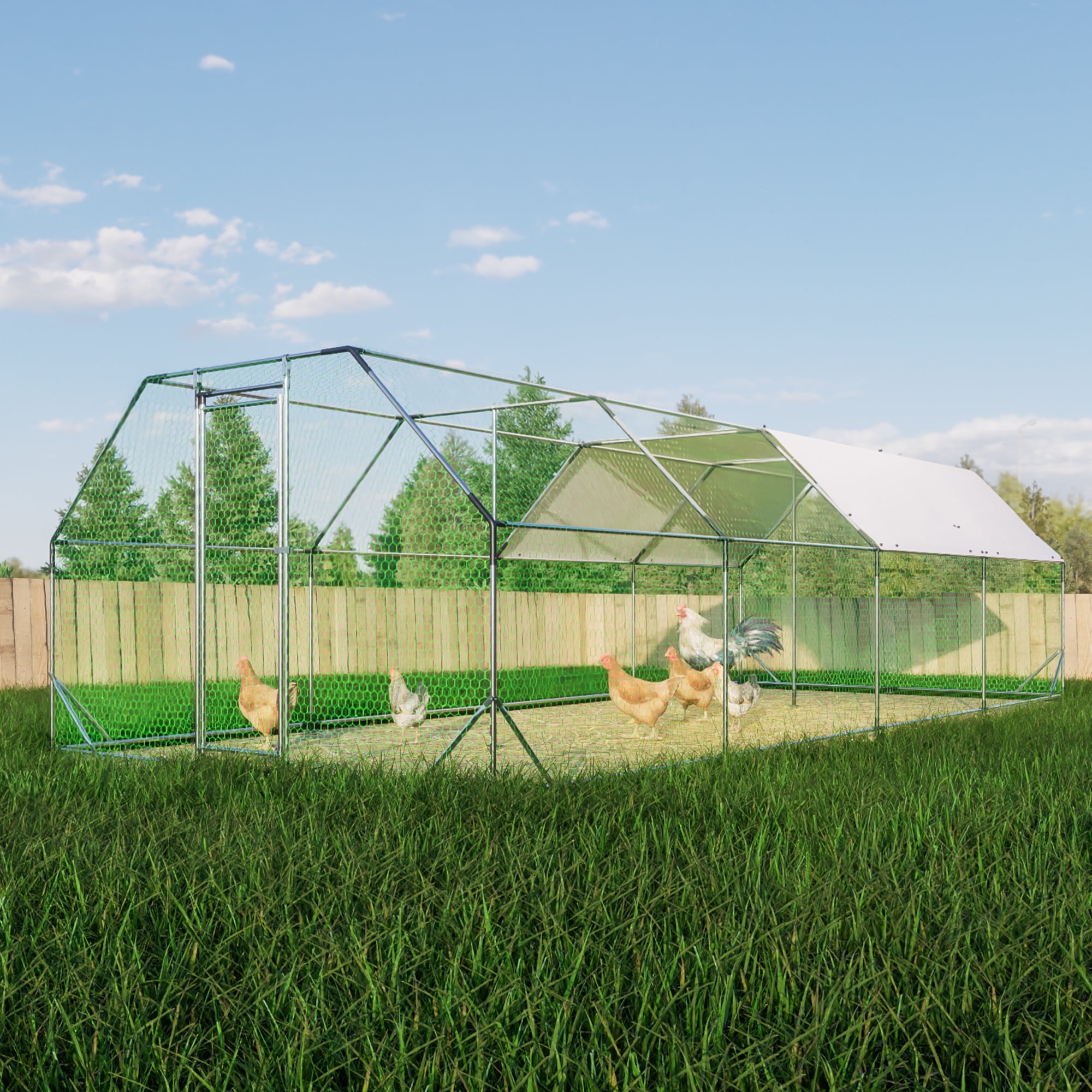 Pefilos 308" Outdoor Large Chicken Coop with Waterproof, Metal Rabbit Hutch, Walk-in Poultry Cage Run Flat Shaped Small Animal Pet Cage, Silver