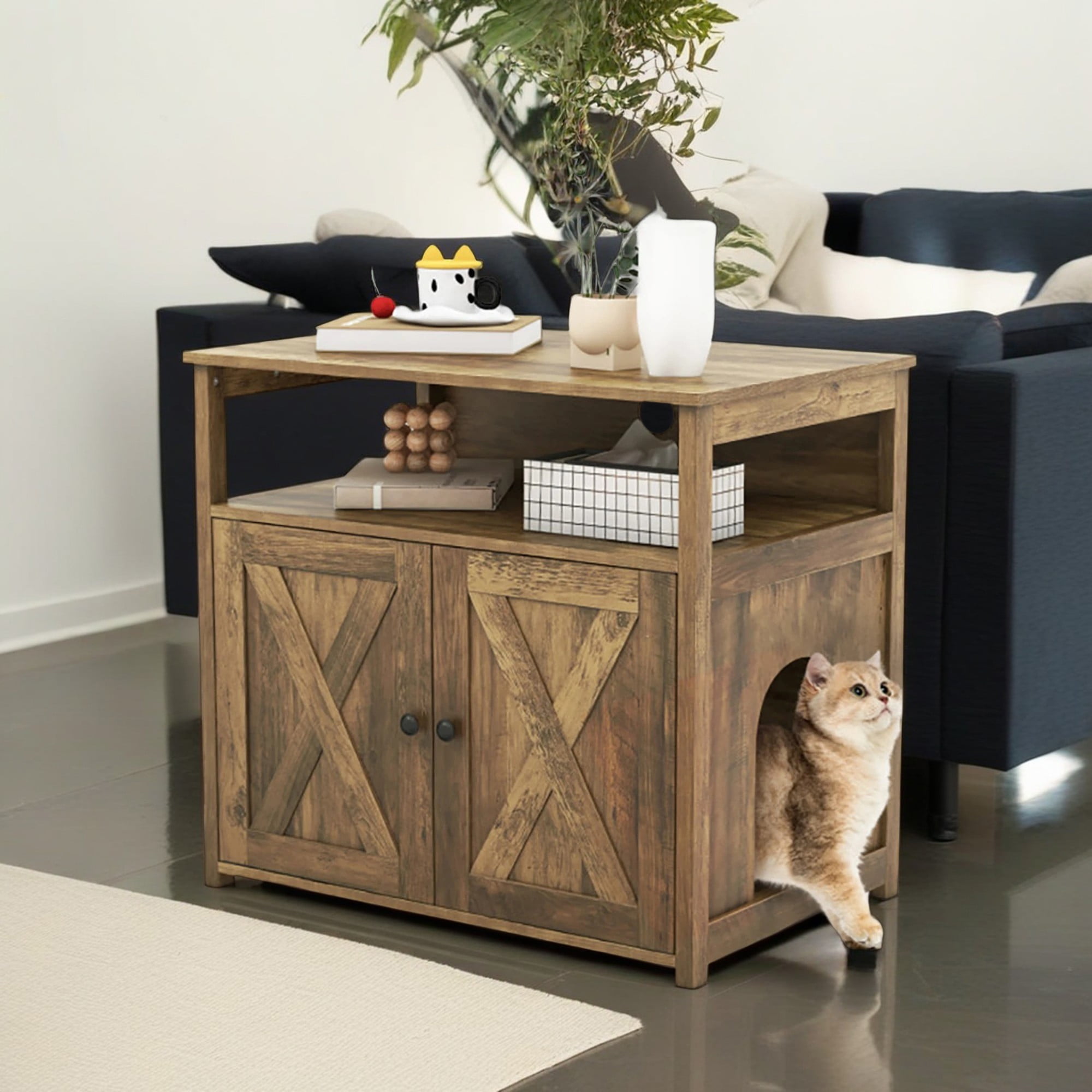 Pefilos 31.5" Cat Litter Box Enclosure, Hidden Cat Litter Box Furniture with Double Barn Doors Divider, Hidden Cat House Washroom with Storage Shelf, Brown