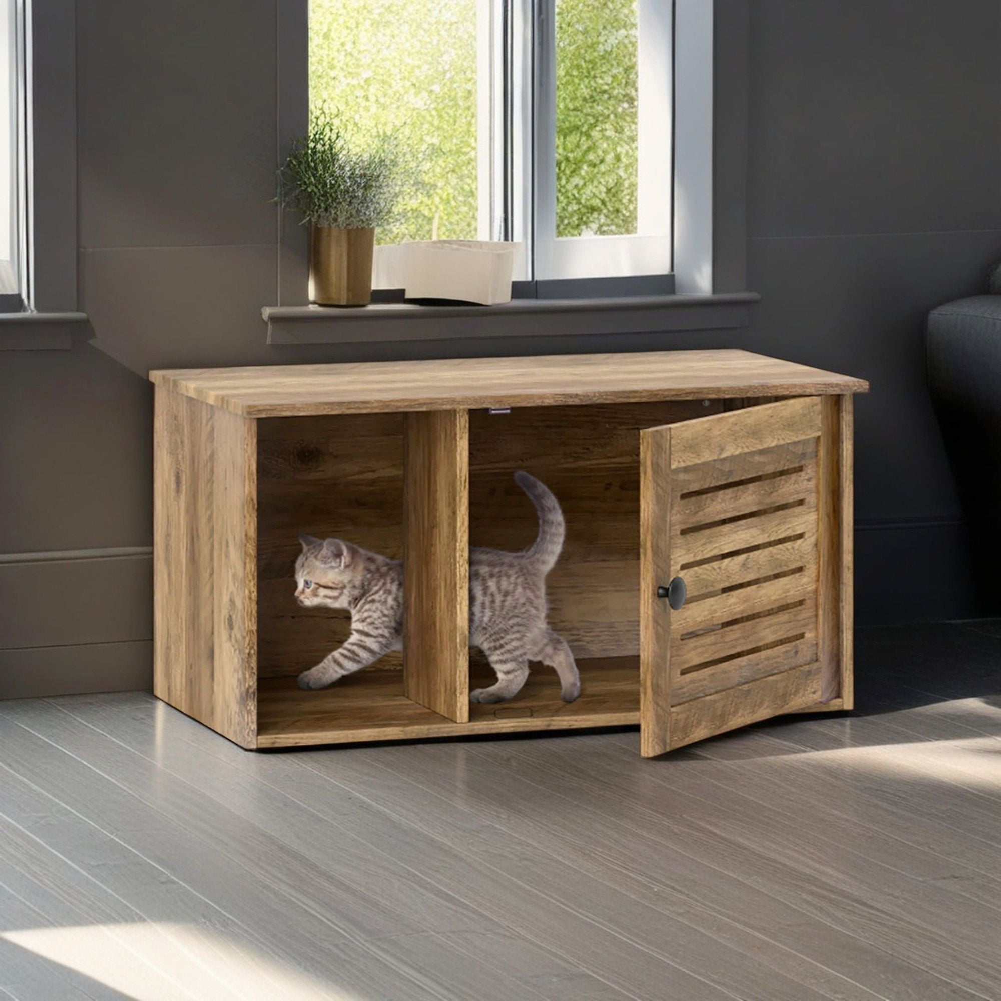 Pefilos 31.5" Cat Litter Box Enclosure, Hidden Cat Litter Box Furniture with Louvered Door, Spacious Hidden Cat Washroom with Divider, Cat House, Brown