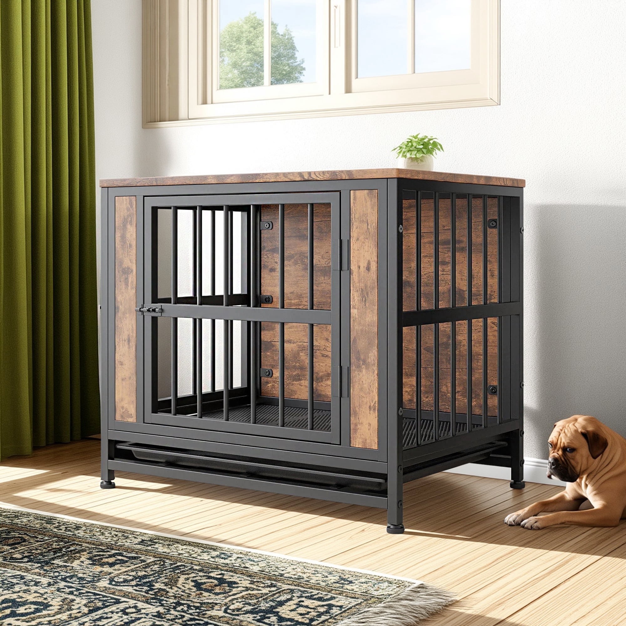 Pefilos 27.4" Furniture Style Dog Crates for Indoor, Pet Kennels with Removable Trays and 2 Sliding Doors, Heavy-Duty Dog Cage, Brown