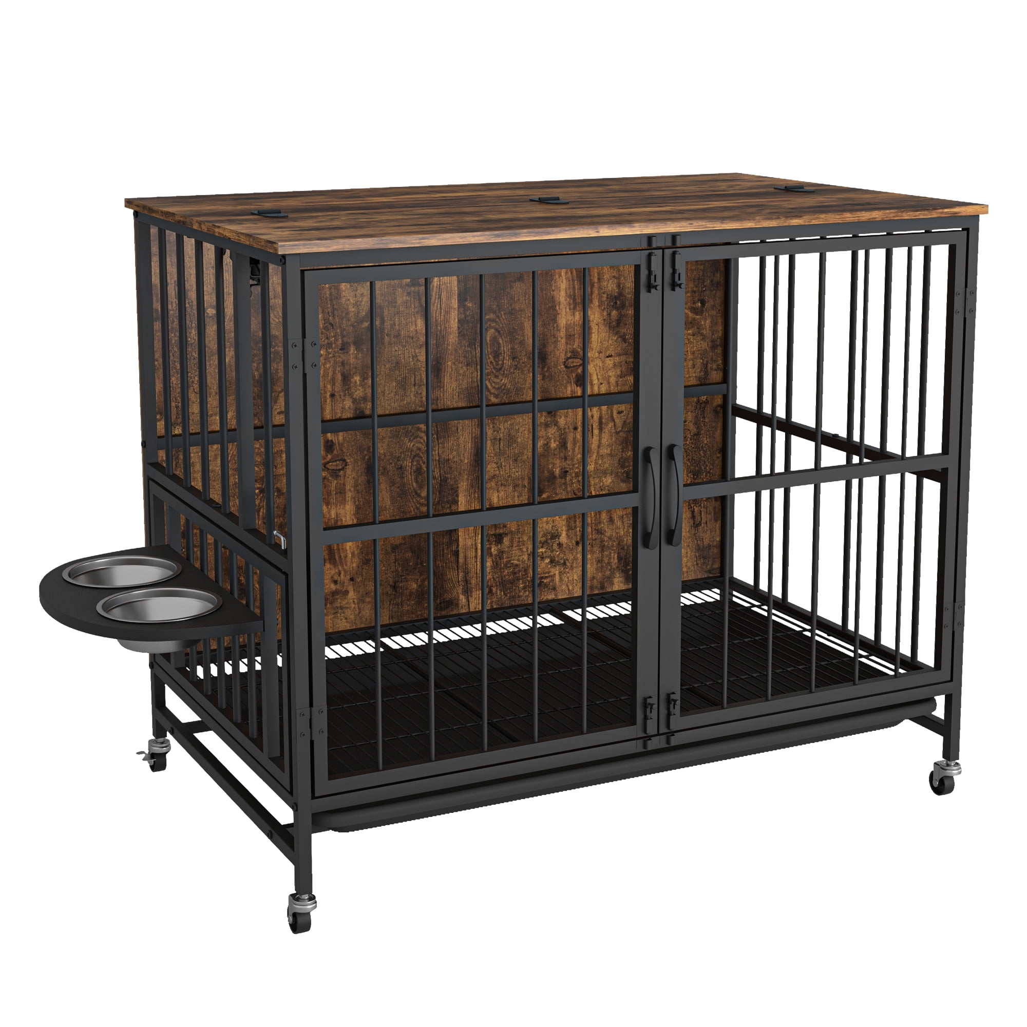 Pefilos 31.5" Dog Crate Furniture with Ttray, Indoor Wood Dog Cage with 3 Adjustable Height Feeding Bowls, Dog Kennel Houses, Brown Pefilos 31.5" Dog Crate Furniture with Ttray, Indoor Wood Dog Cage with 3 Adjustable Height Feeding Bowls, Dog Kennel Houses, Brown