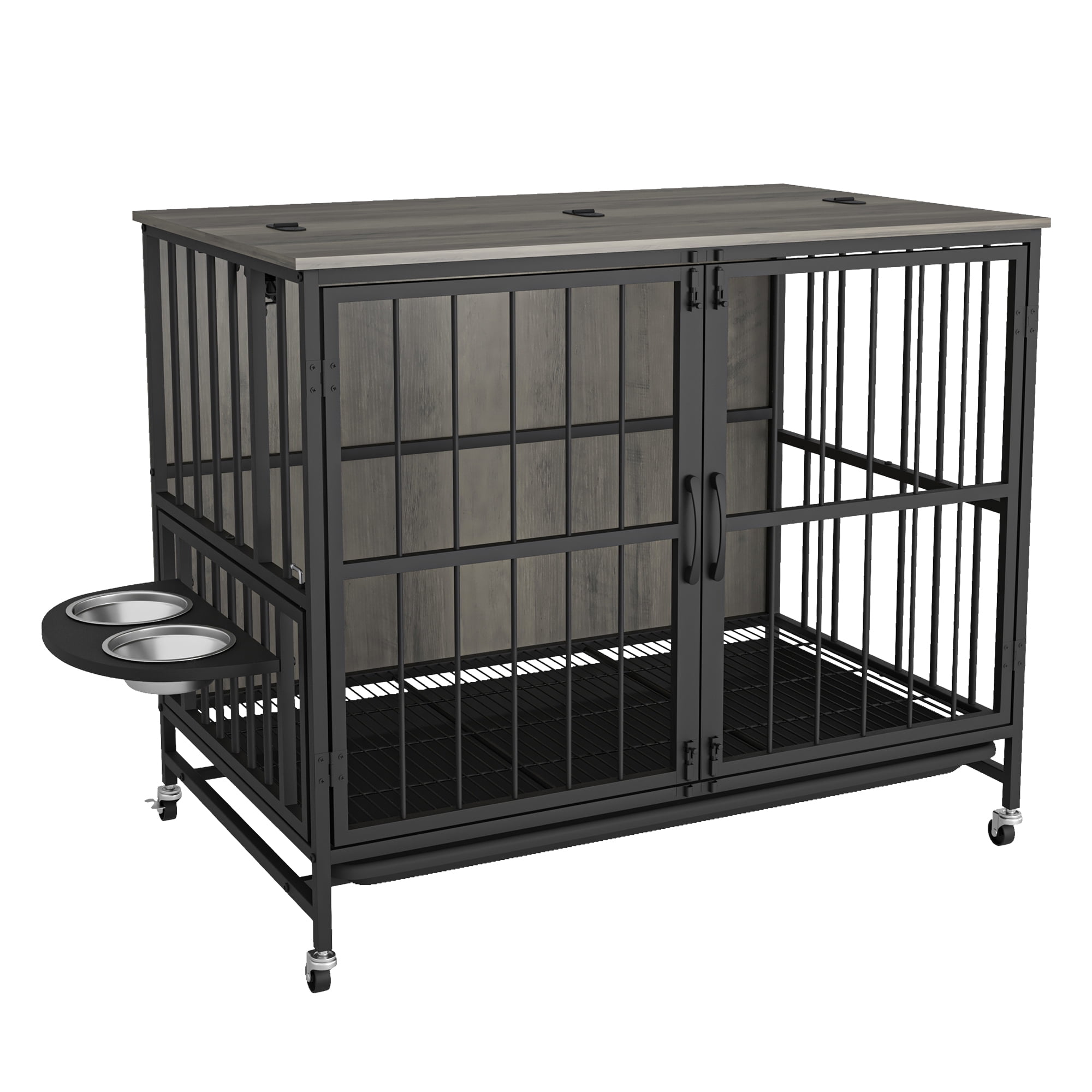 Pefilos 31.5" Dog Crate Furniture with Ttray, Indoor Wood Dog Cage with 3 Adjustable Height Feeding Bowls, Dog Kennel Houses, Gray Pefilos 31.5" Dog Crate Furniture with Ttray, Indoor Wood Dog Cage with 3 Adjustable Height Feeding Bowls, Dog Kennel Houses, Gray