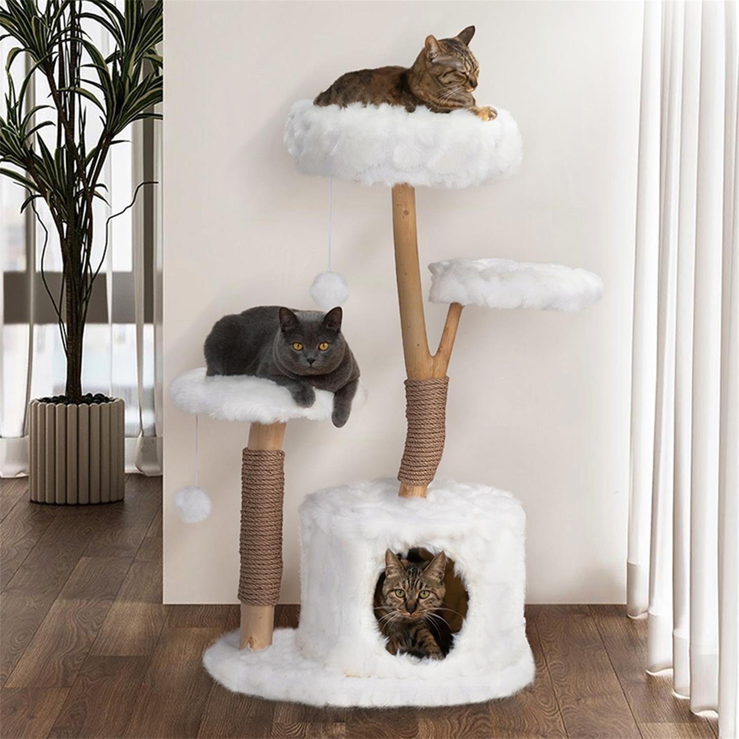 Pefilos 31.5" Modern Cat Tree Tower for Indoor Cats, Natural Branch Cat Furniture with Condo and Climbing Perches, Kitten Scratching Tree, White