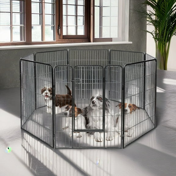 Pefilos 31.5"x40" Dog Playpen Outdoor 8-Panels Dog Pen Large Indoor Metal Puppy Pet Playpen for Small Dogs Run Fence, Black