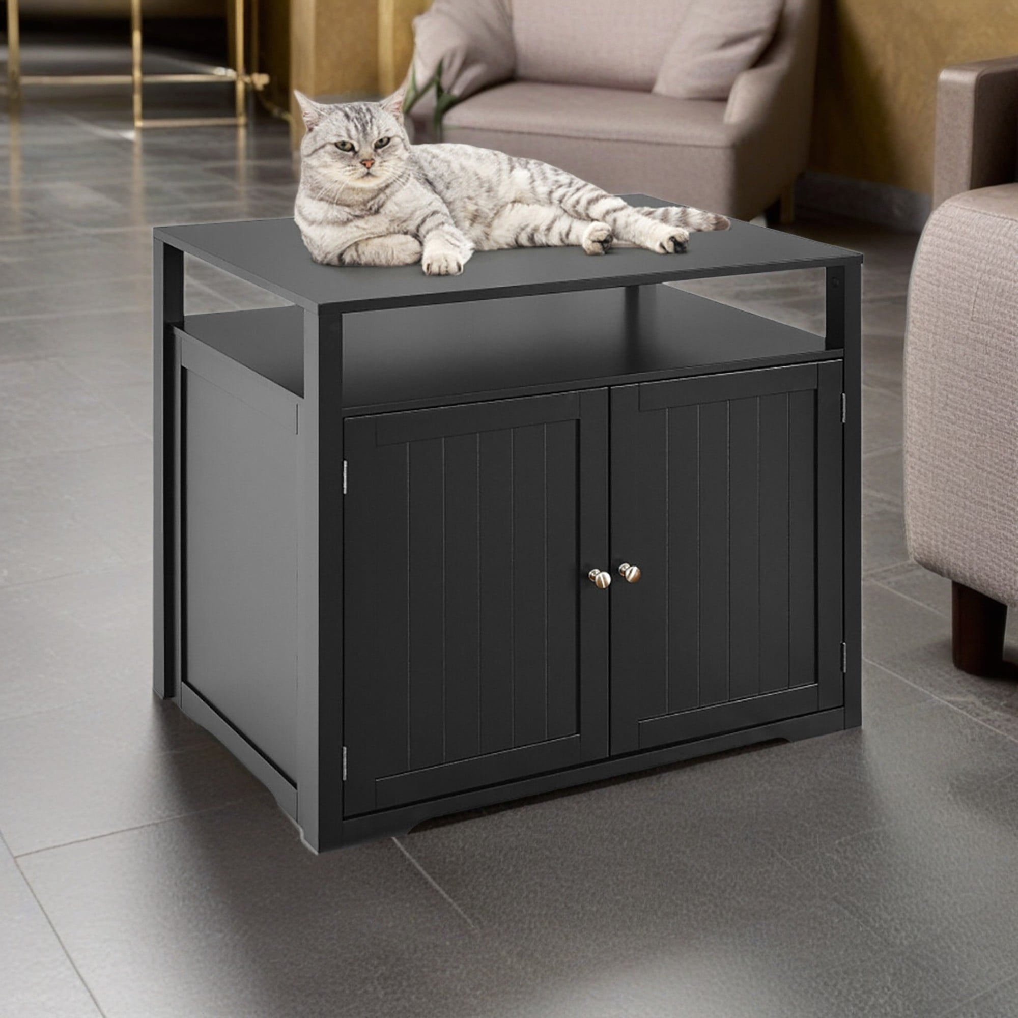 Pefilos 31" Cat Litter Box Enclosure Furniture, Cat Litter Box Cabinet Hidden with Storage Shelf, Cat House with Doors and Divider, Black Pefilos 31" Cat Litter Box Enclosure Furniture, Cat Litter Box Cabinet Hidden with Storage Shelf, Cat House with Doors and Divider, Black