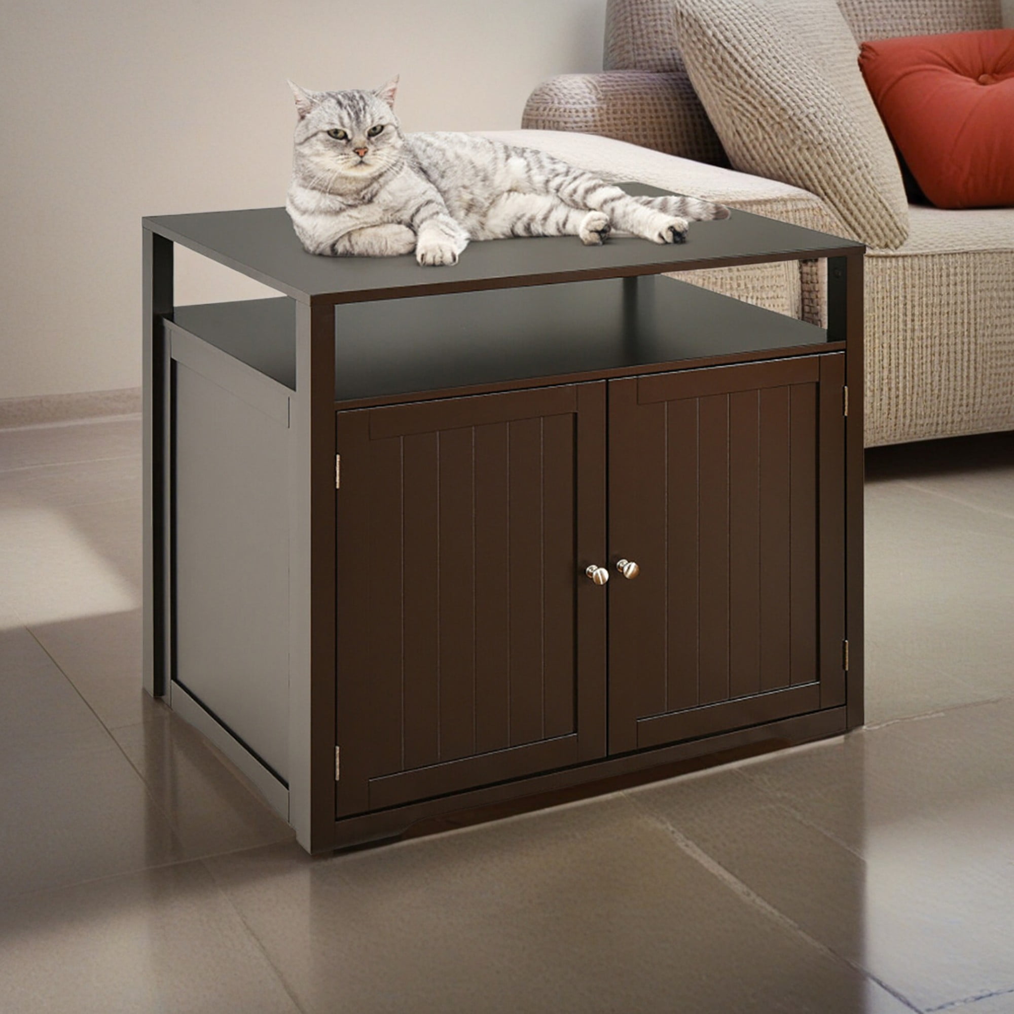 Pefilos 31" Cat Litter Box Enclosure Furniture, Cat Litter Box Cabinet Hidden with Storage Shelf, Cat House with Doors and Divider, Brown Pefilos 31" Cat Litter Box Enclosure Furniture, Cat Litter Box Cabinet Hidden with Storage Shelf, Cat House with Doors and Divider, Brown