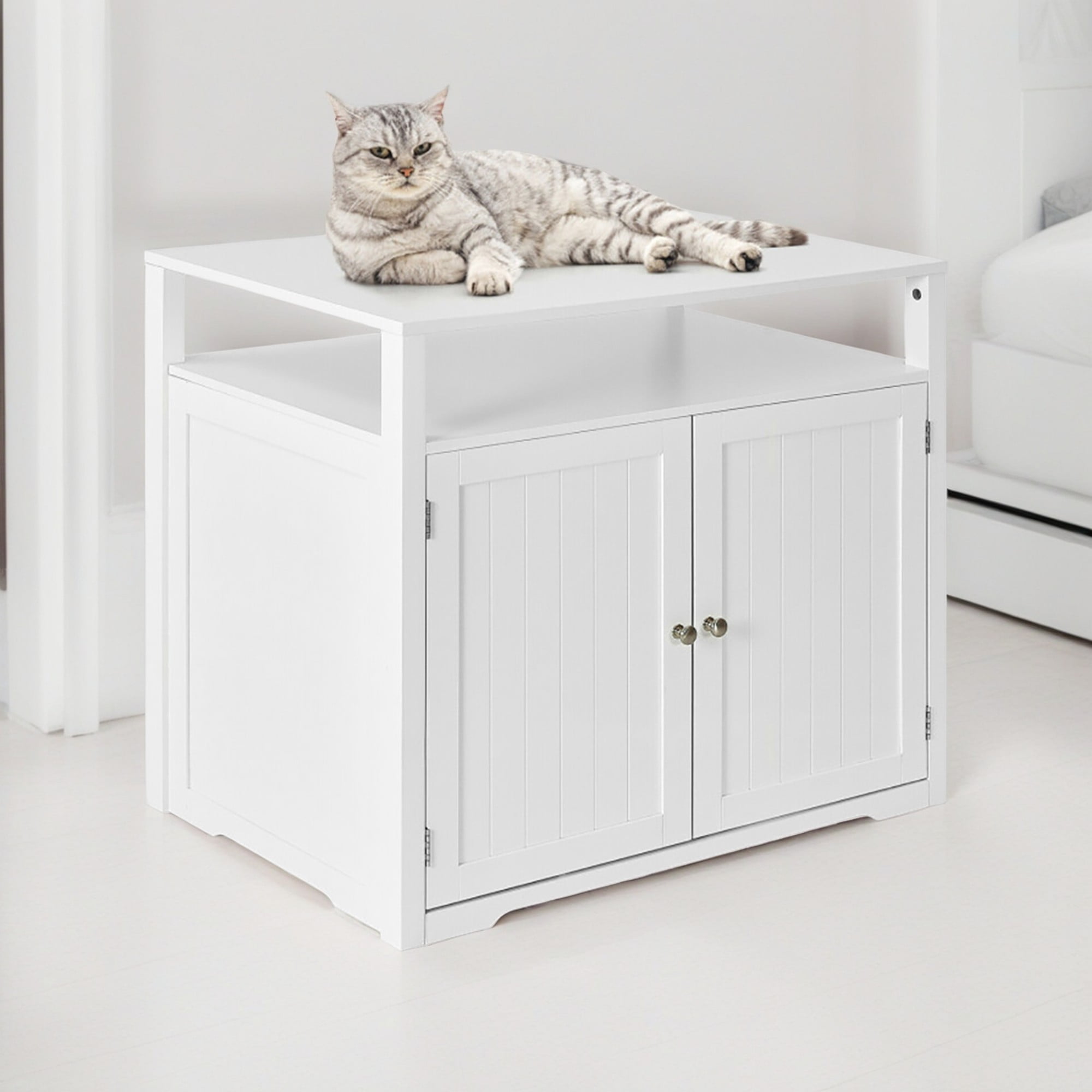 Pefilos 31" Cat Litter Box Enclosure Furniture, Cat Litter Box Cabinet Hidden with Storage Shelf, Cat House with Doors and Divider, White Pefilos 31" Cat Litter Box Enclosure Furniture, Cat Litter Box Cabinet Hidden with Storage Shelf, Cat House with Doors and Divider, White