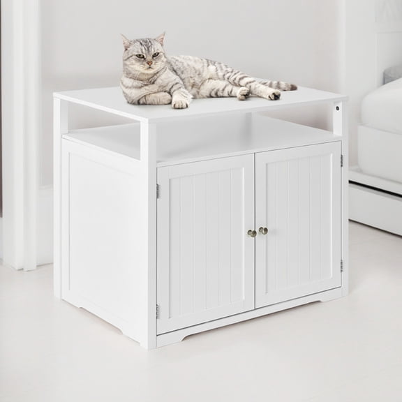 Pefilos 31" Cat Litter Box Enclosure Furniture, Cat Litter Box Cabinet Hidden with Storage Shelf, Cat House with Doors and Divider, White