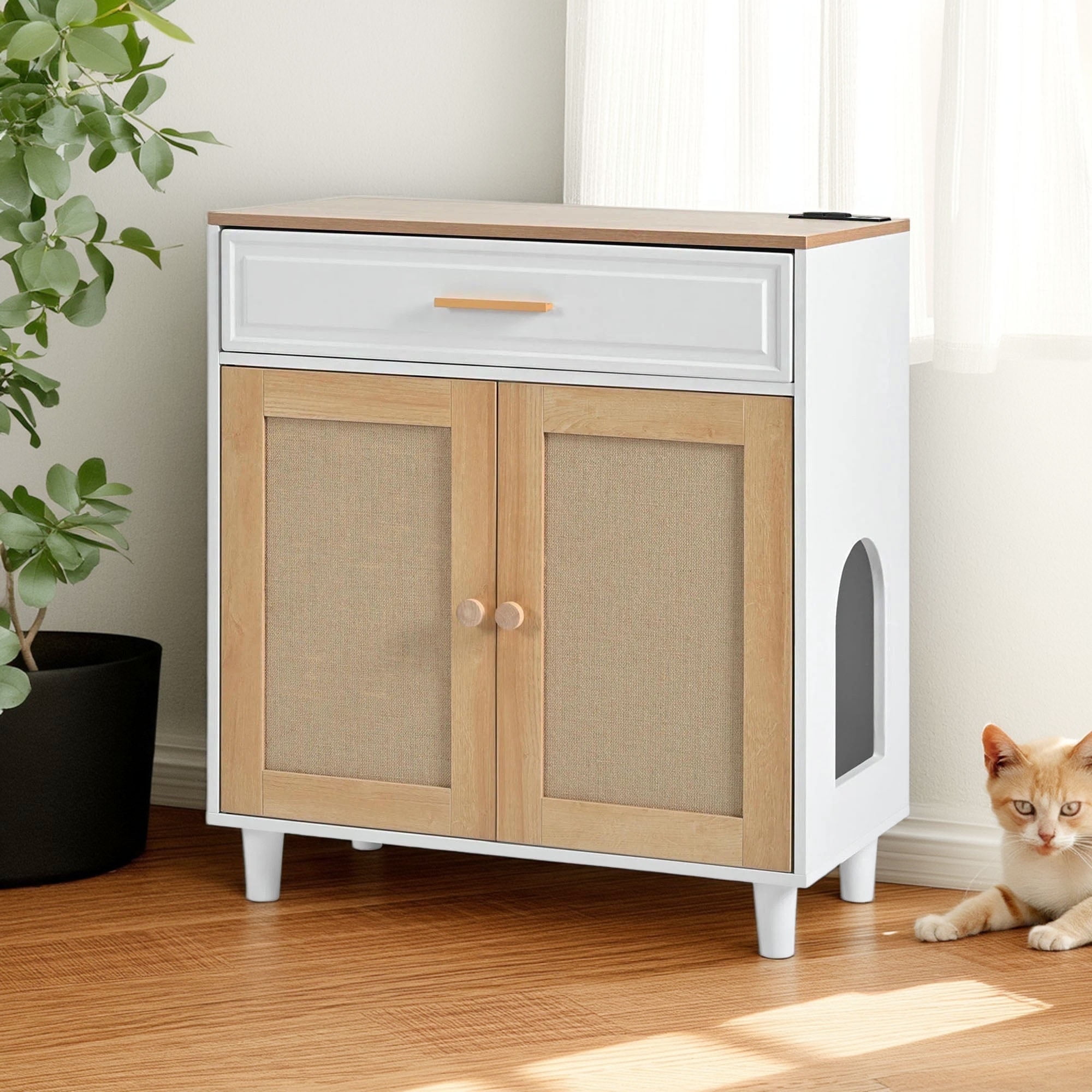Pefilos 31" Cat Litter Box Enclosure, Hidden Cat Washroom Furniture with Charging Socket, Sisal Scratching Door, Cat House Enough for Most of Litter Box, White
