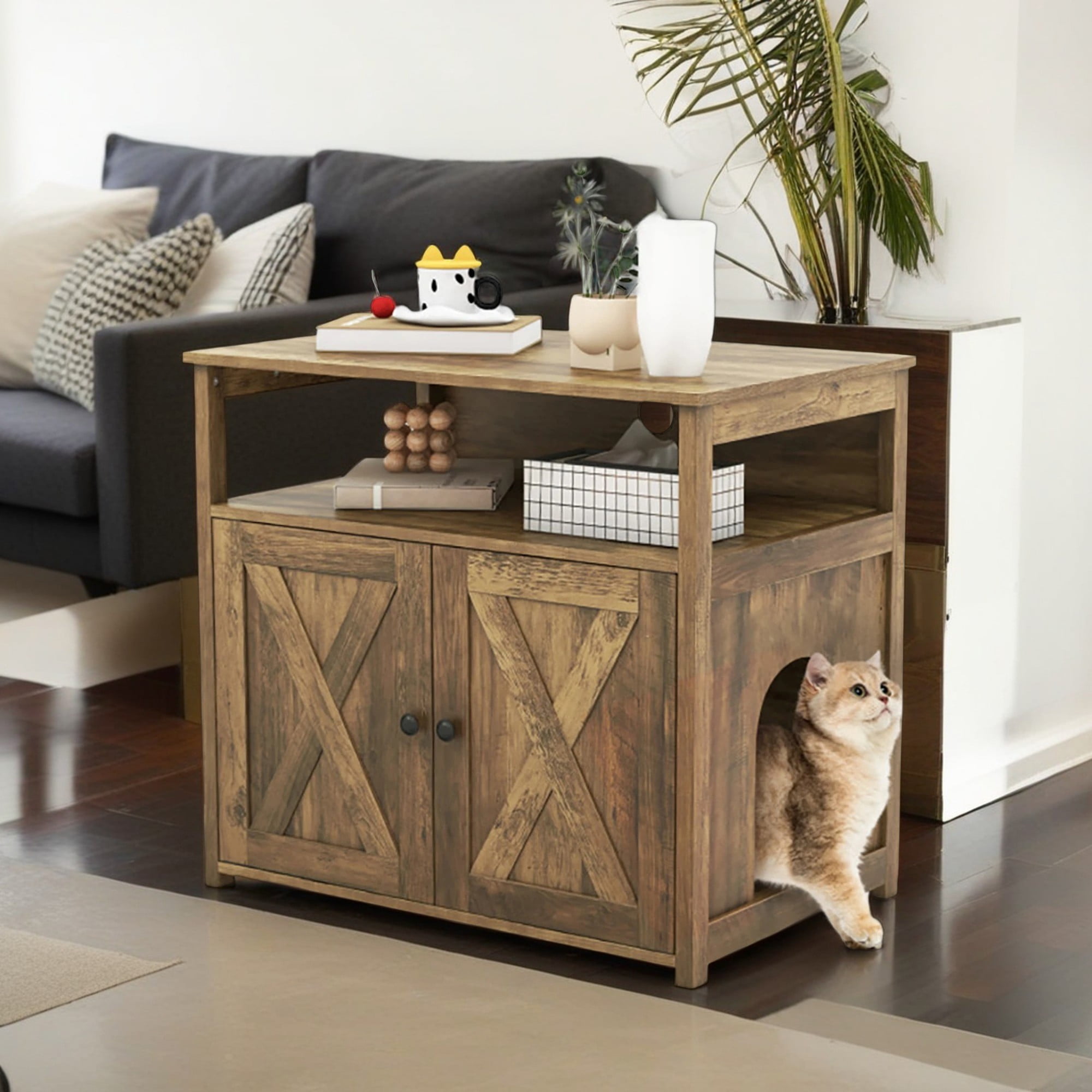 Pefilos 31" Cat Litter Box Enclosure with Double Barn Doors Divider and Storage Shelf, Hidden Cat House Washroom Furniture, Brown