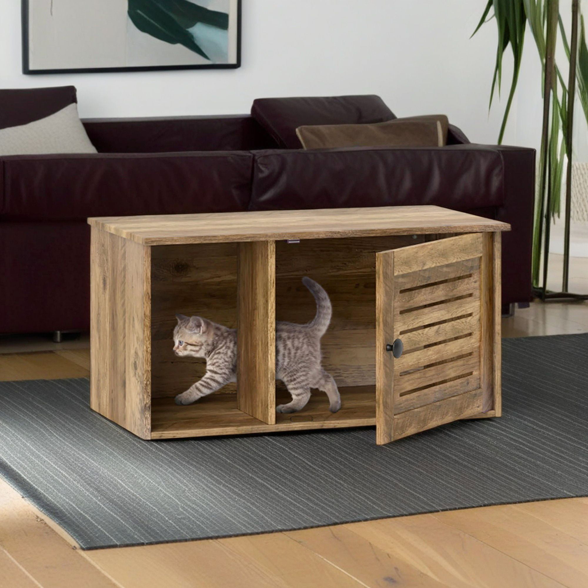 Pefilos 31" Cat Litter Box Enclosure with Louvered Door and Open Compartment, Hidden Cat House Washroom Furniture, Brown