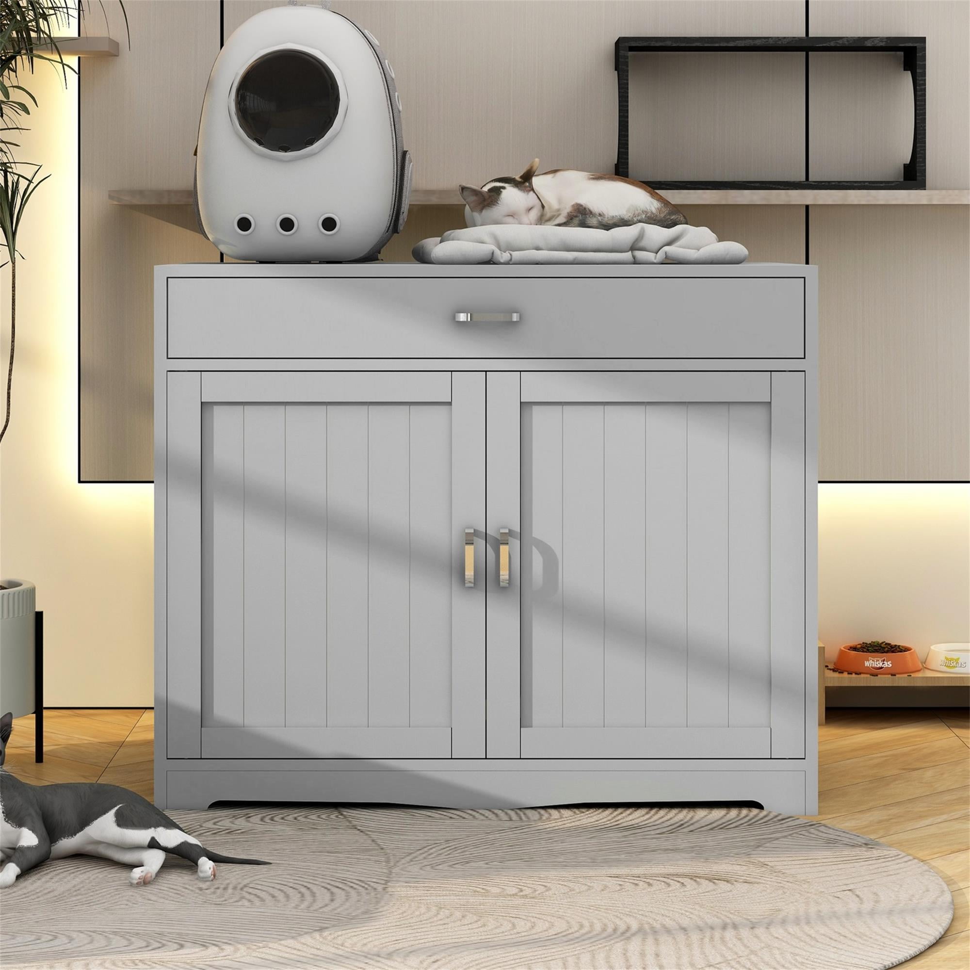 Pefilos 31" Cat Litter Box Furniture with Hidden Plug, 2 Doors Indoor Cat Washroom, Litter Box Enclosure Cat House, Large Wooden Cat House, Gray Pefilos 31" Cat Litter Box Furniture with Hidden Plug, 2 Doors Indoor Cat Washroom, Litter Box Enclosure Cat House, Large Wooden Cat House, Gray