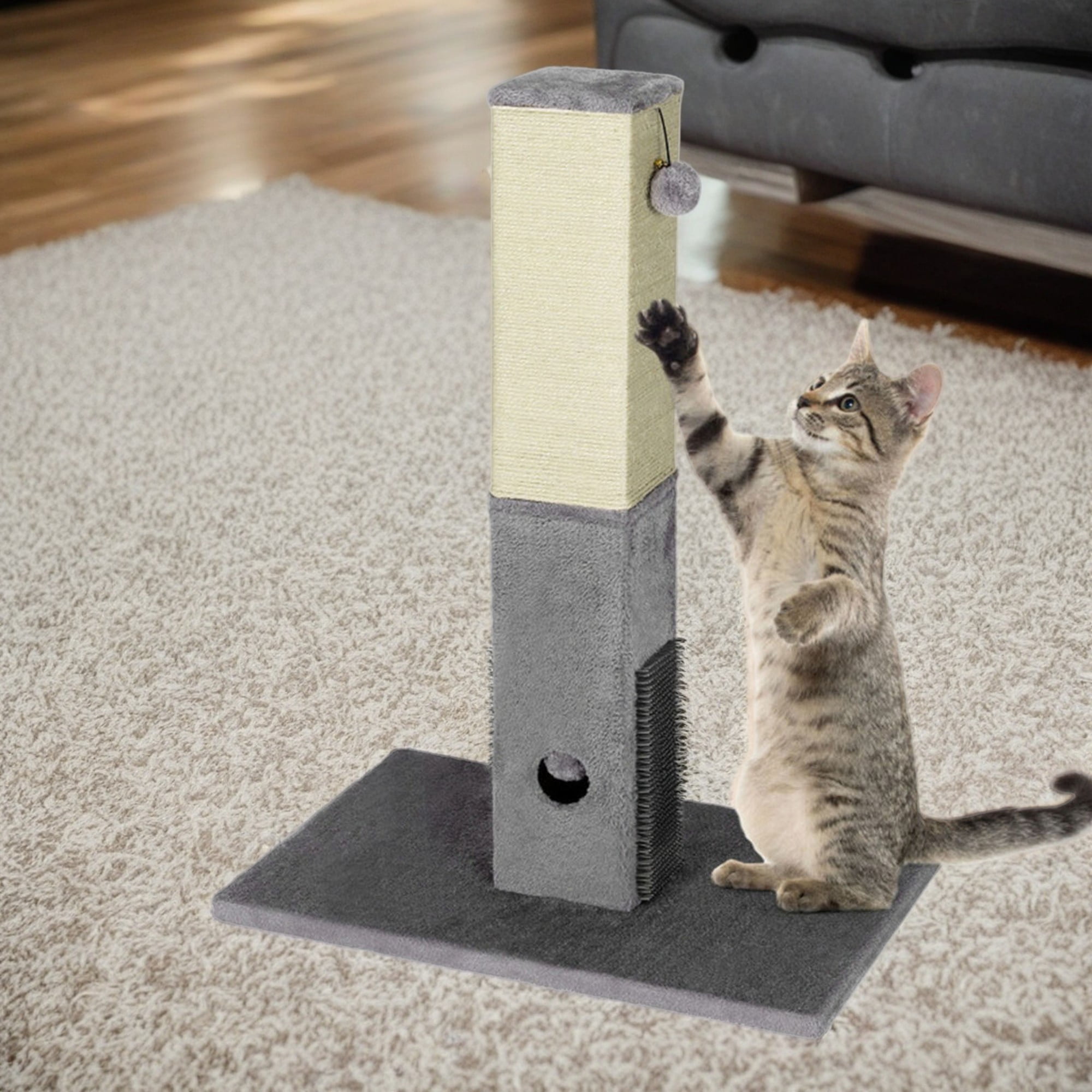 Pefilos 31" Cat Scratching Post for Large Cats with Sisal Rope and 2 Plush Ball, Indoor Square Cat Scratcher Tower Furniture, Gray