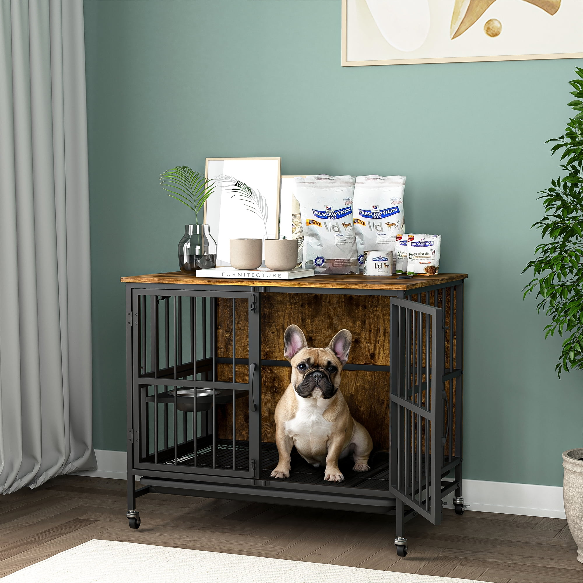 Pefilos 31" Dog Crate with Feeding Bowl, Wheels, Flip-Up Top Opening Kennel with Trays, Furniture Style Dog Cage for Indoor Dogs, Brown Pefilos 31" Dog Crate with Feeding Bowl, Wheels, Flip-Up Top Opening Kennel with Trays, Furniture Style Dog Cage for Indoor Dogs, Brown