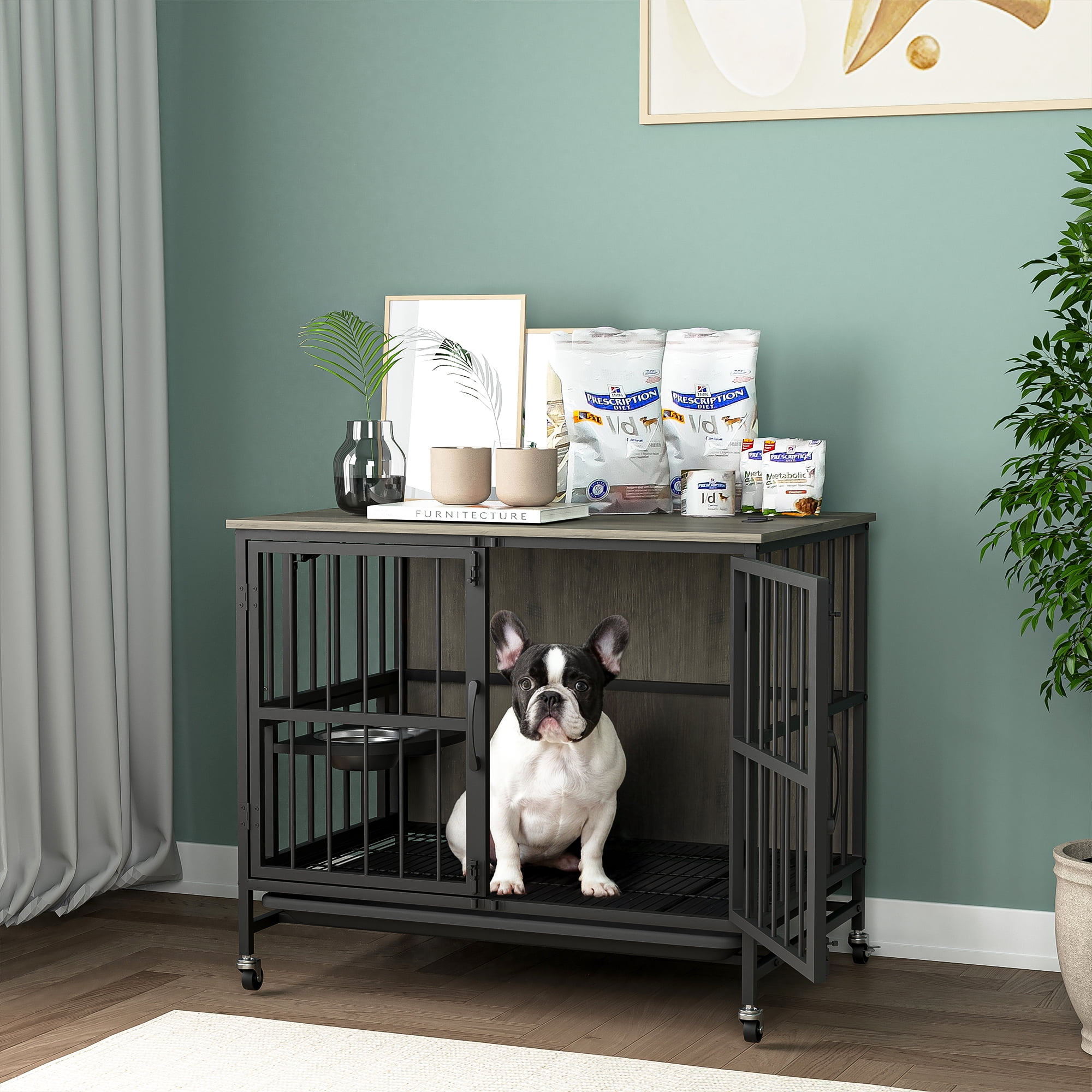 Pefilos 31" Dog Crate with Feeding Bowl, Wheels, Flip-Up Top Opening Kennel with Trays, Furniture Style Dog Cage for Indoor Dogs, Gray Pefilos 31" Dog Crate with Feeding Bowl, Wheels, Flip-Up Top Opening Kennel with Trays, Furniture Style Dog Cage for Indoor Dogs, Gray