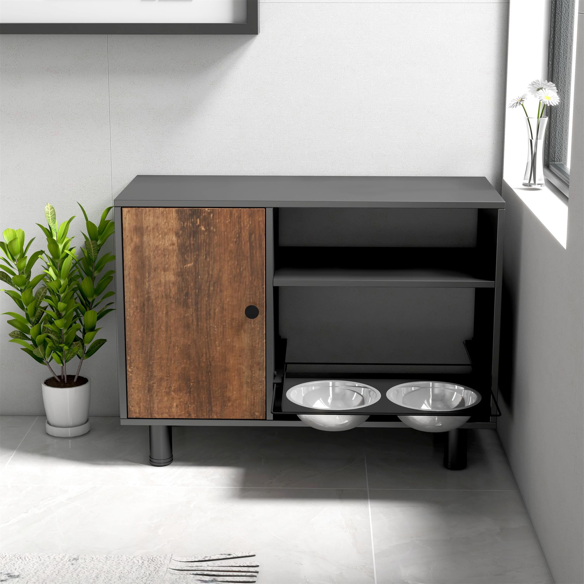 Pefilos 31" Dog Food Storage Cabinet, Large Pet Feeding Station with Stainless Steel Double Pull Out Raised Dog Bowls, Cat Toy Storage Containers Furniture, Black Pefilos 31" Dog Food Storage Cabinet, Large Pet Feeding Station with Stainless Steel Double Pull Out Raised Dog Bowls, Cat Toy Storage Containers Furniture, Black