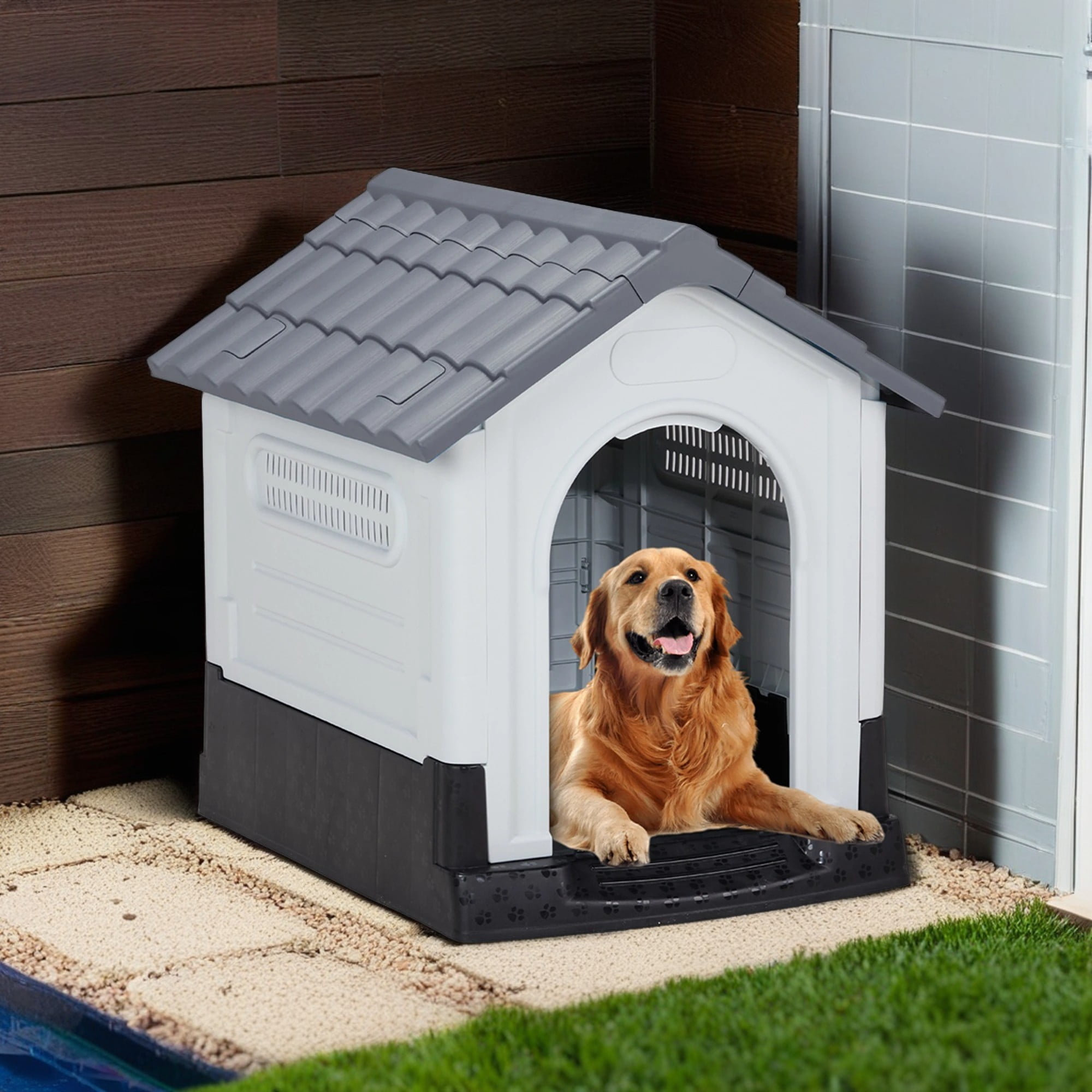 Pefilos 31" Dog House Indoor Outdoor Insulated Kennel Durable Plastic Doghouse for Small Dogs Weather, Water Resistant Dog Shelter with Air Vents, Gray Pefilos 31" Dog House Indoor Outdoor Insulated Kennel Durable Plastic Doghouse for Small Dogs Weather, Water Resistant Dog Shelter with Air Vents, Gray