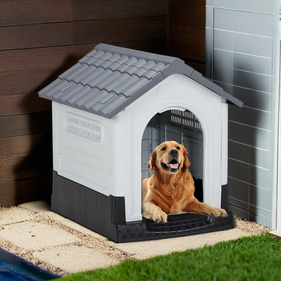 Pefilos 31" Dog House Indoor Outdoor Insulated Kennel Durable Plastic Doghouse for Small Dogs Weather, Water Resistant Dog Shelter with Air Vents, Gray
