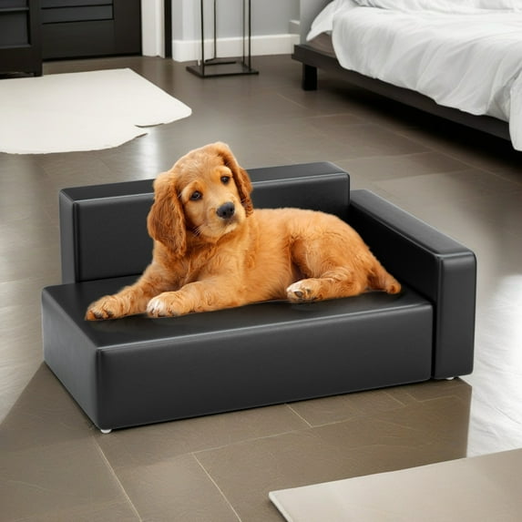 Pefilos 31" Dog Sofa Bed for Small and Medium Dogs, Modern Stylish Pet Sofa, Faux Leather Cat Couch Furniture, Black
