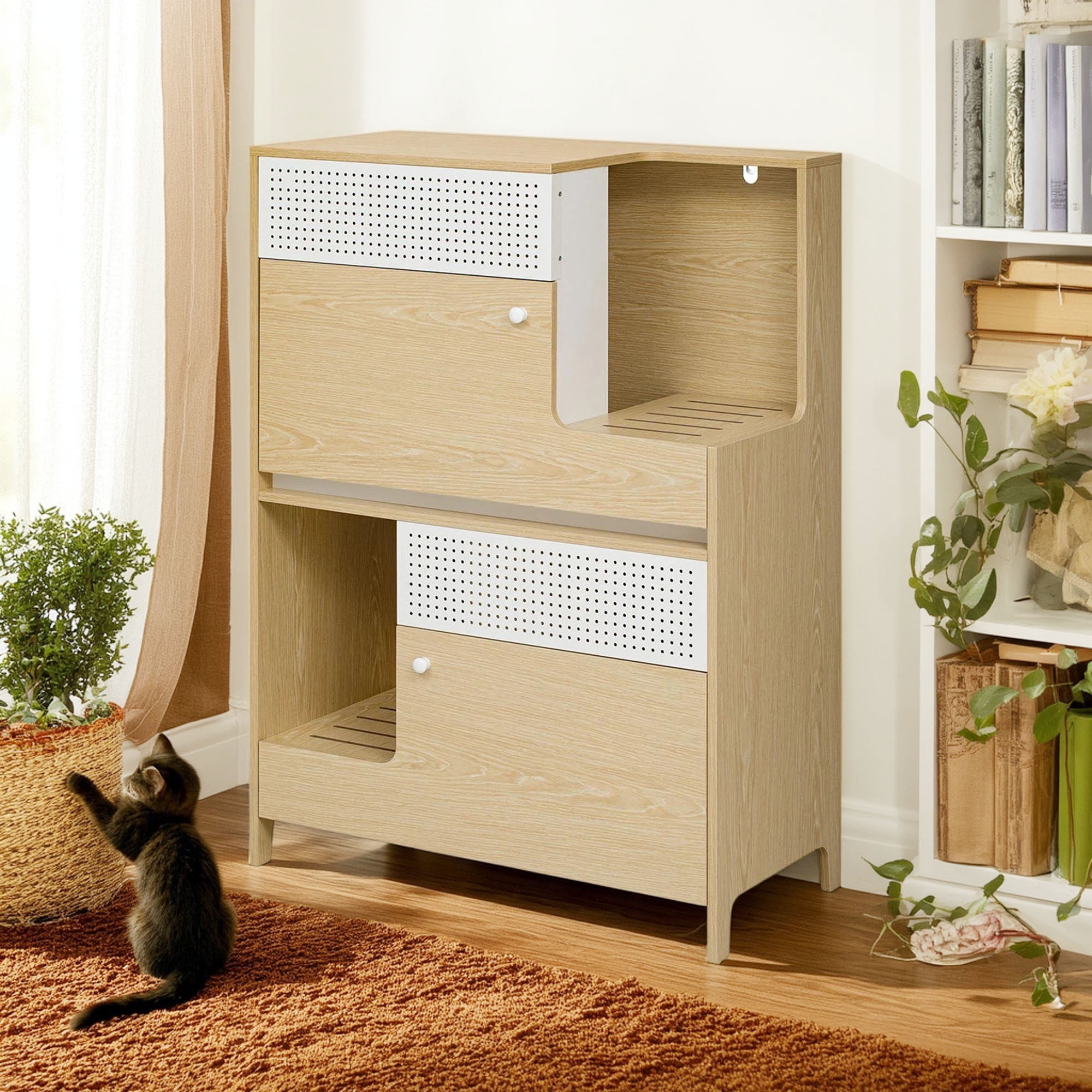 Pefilos 31" Double Cat Litter Box Enclosure for 2 Cats, Hidden Litter Box Cabinet Furniture with Flip-down Door, Indoor Cat House for Hallway, Bedroom, Beige