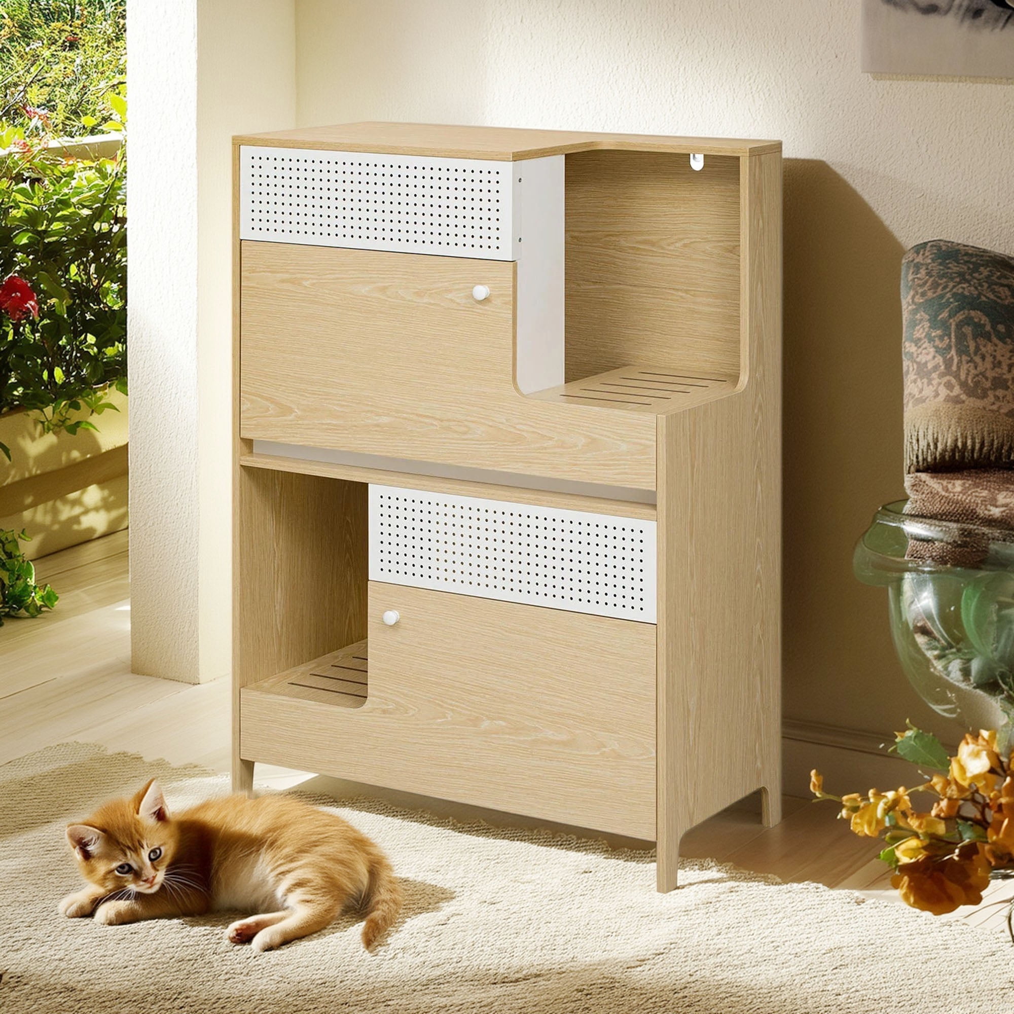 Pefilos 31" Double Cat Litter Box Enclosure, Litter Box Furniture Hidden with Flip-down Door, Indoor Cat House, Beige