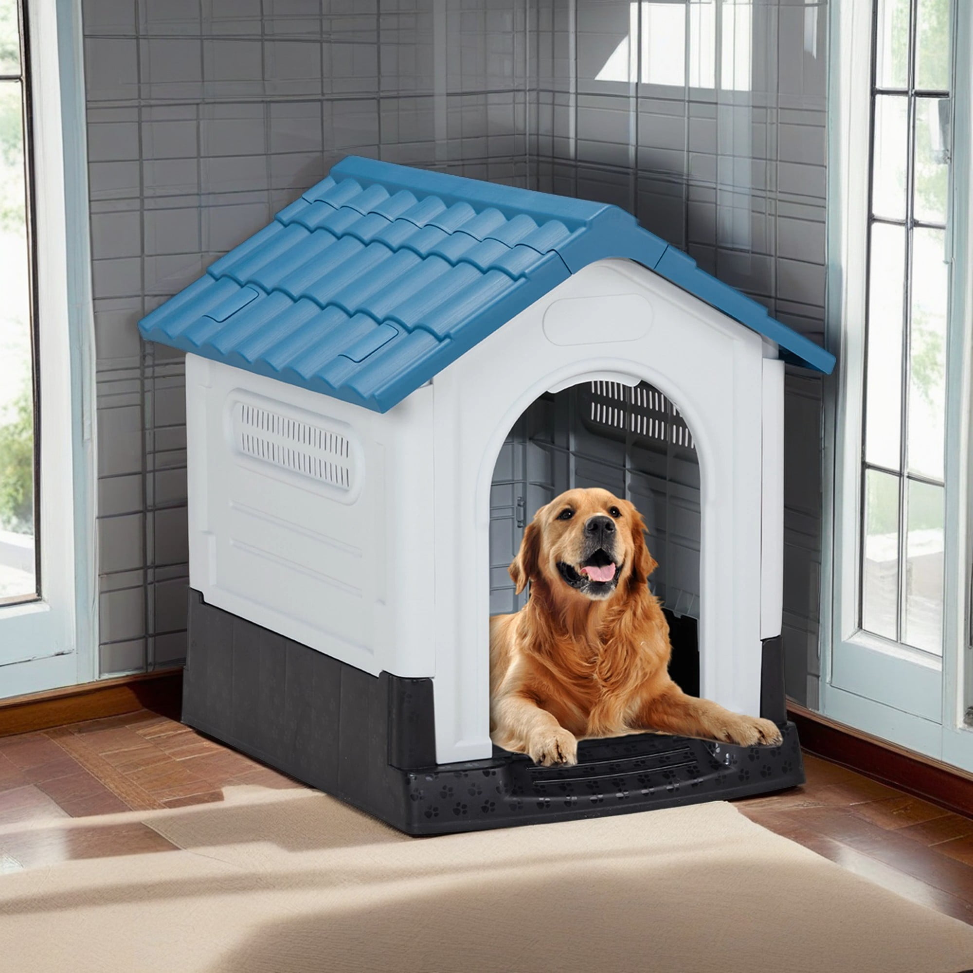 Pefilos 31" Durable Waterproof Plastic Dog House for Small Dogs, Indoor Outdoor Doghouse Puppy Shelter Kennel with Elevated Floor, Blue Pefilos 31" Durable Waterproof Plastic Dog House for Small Dogs, Indoor Outdoor Doghouse Puppy Shelter Kennel with Elevated Floor, Blue