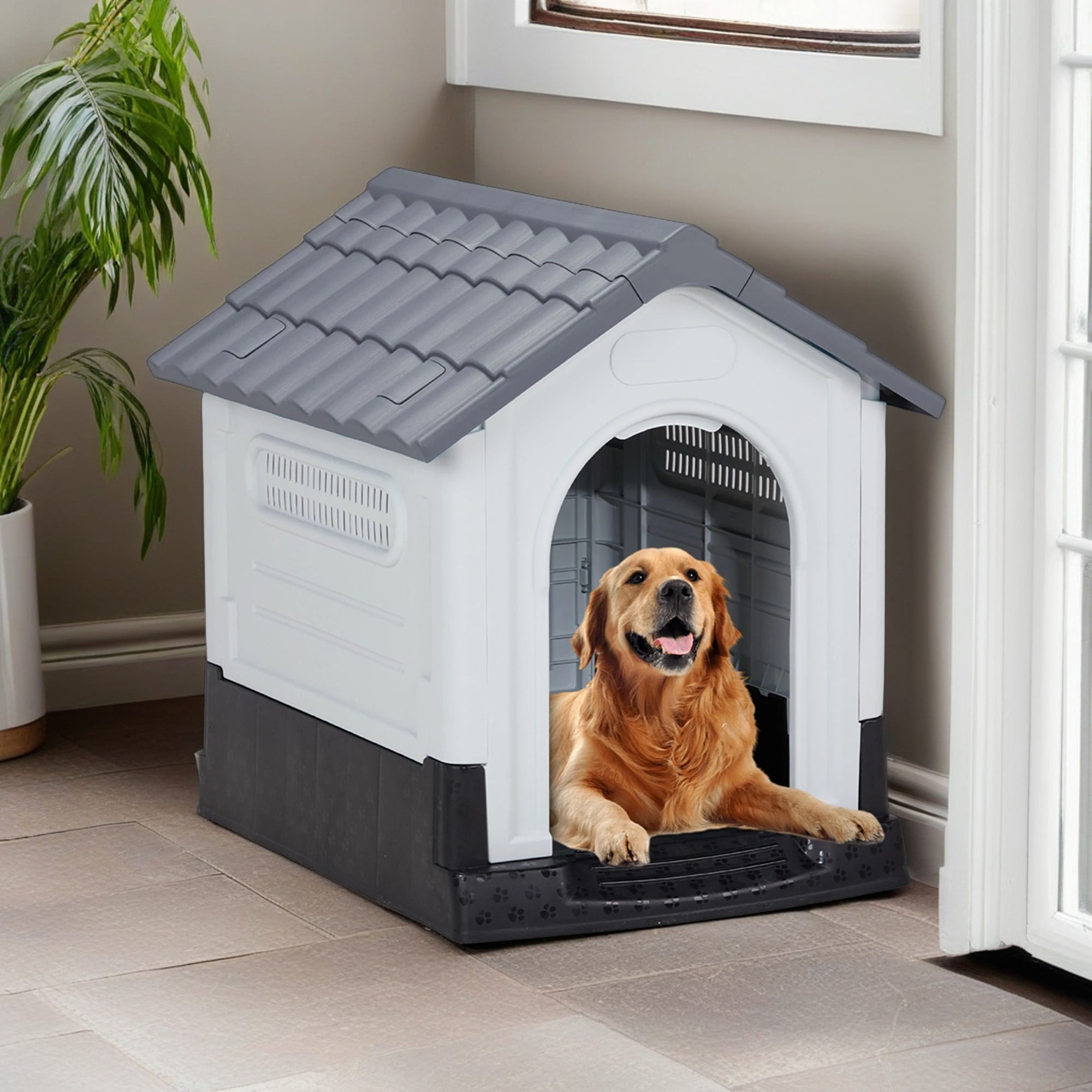 Pefilos 31" Durable Waterproof Plastic Dog House for Small Dogs, Indoor Outdoor Doghouse Puppy Shelter Kennel with Elevated Floor, Gray Pefilos 31" Durable Waterproof Plastic Dog House for Small Dogs, Indoor Outdoor Doghouse Puppy Shelter Kennel with Elevated Floor, Gray