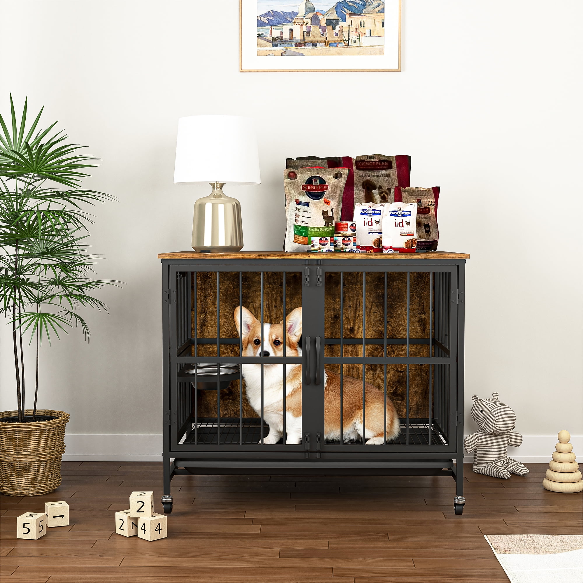 Pefilos 31" Furniture Style Dog Crate with Feeding Bowl, Wheels, Kennel with Removable Trays, Indoor Dog Cage Flip-Up Top Opening, Brown Pefilos 31" Furniture Style Dog Crate with Feeding Bowl, Wheels, Kennel with Removable Trays, Indoor Dog Cage Flip-Up Top Opening, Brown
