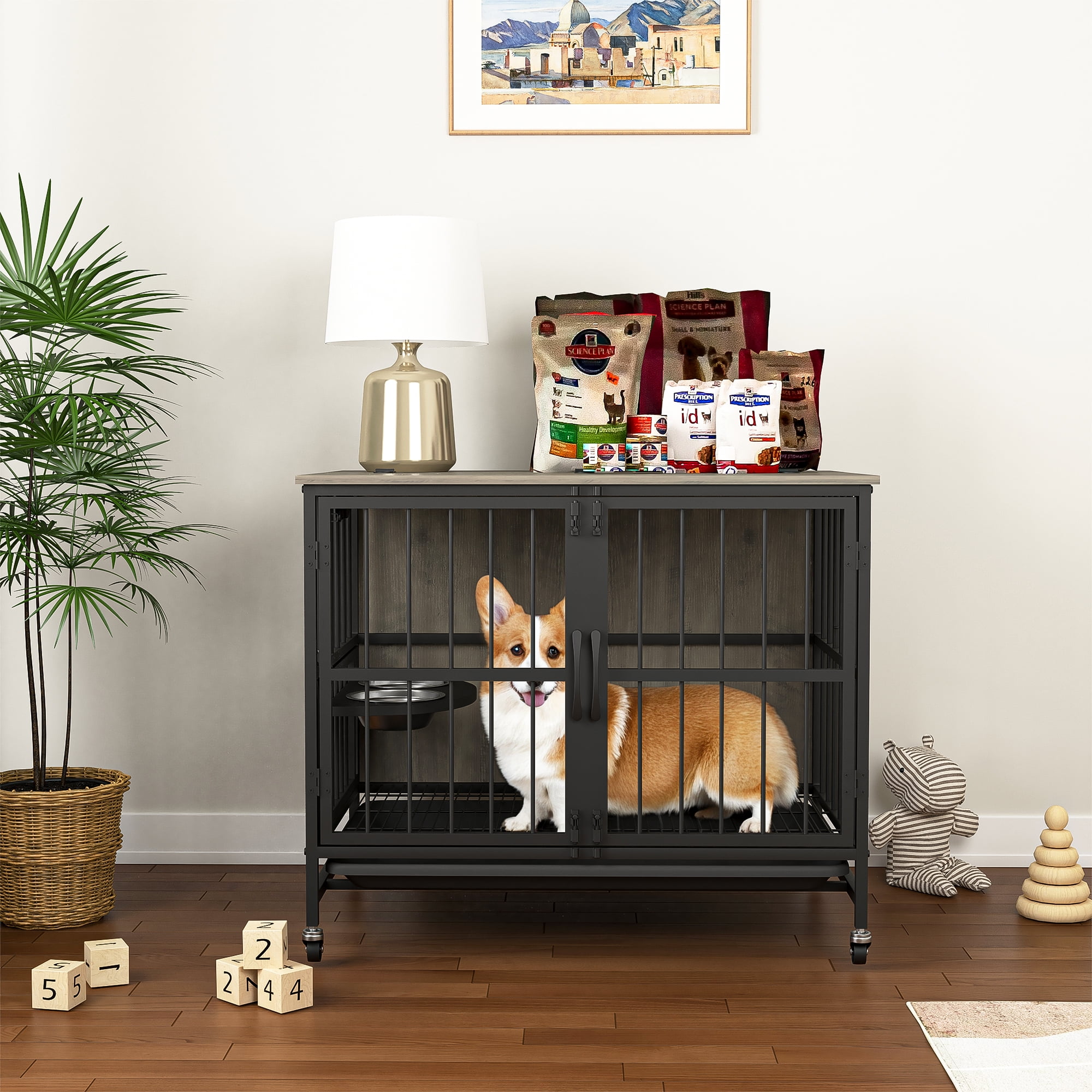 Pefilos 31" Furniture Style Dog Crate with Feeding Bowl, Wheels, Kennel with Removable Trays, Indoor Dog Cage Flip-Up Top Opening, Gray Pefilos 31" Furniture Style Dog Crate with Feeding Bowl, Wheels, Kennel with Removable Trays, Indoor Dog Cage Flip-Up Top Opening, Gray