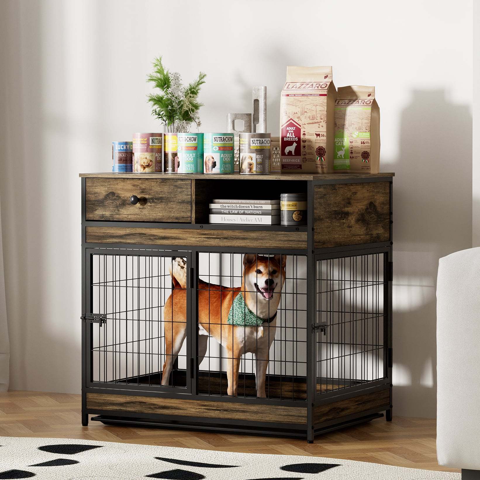 Pefilos 31" Heavy Duty Dog Crates Furniture, Heavy-Duty Escape Proof Dog Cages, Indoor Double Doors Dog Kennel with Tray, Brown Pefilos 31" Heavy Duty Dog Crates Furniture, Heavy-Duty Escape Proof Dog Cages, Indoor Double Doors Dog Kennel with Tray, Brown