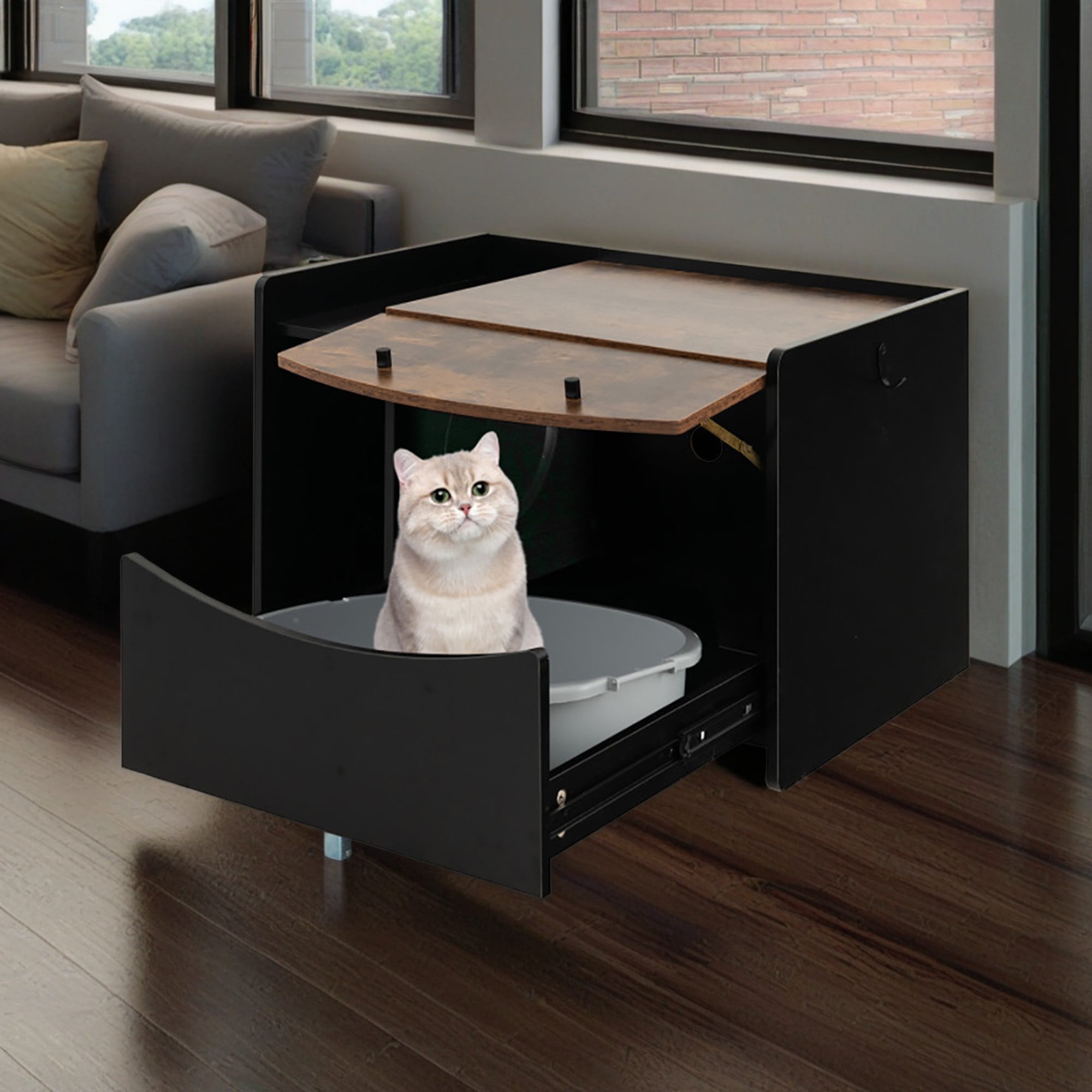Pefilos 31" Hideaway Cat Litter Box Enclosure Furniture with Pull-out Drawer, Wood Enclosed Cat House Kitten Condo Washroom, Black Pefilos 31" Hideaway Cat Litter Box Enclosure Furniture with Pull-out Drawer, Wood Enclosed Cat House Kitten Condo Washroom, Black