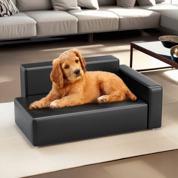 Pefilos 31" Modern Dog Sofa Bed, Stylish PU Leather Pet Furniture Sofa, Cat Couch for Cats and Small Animals, Black
