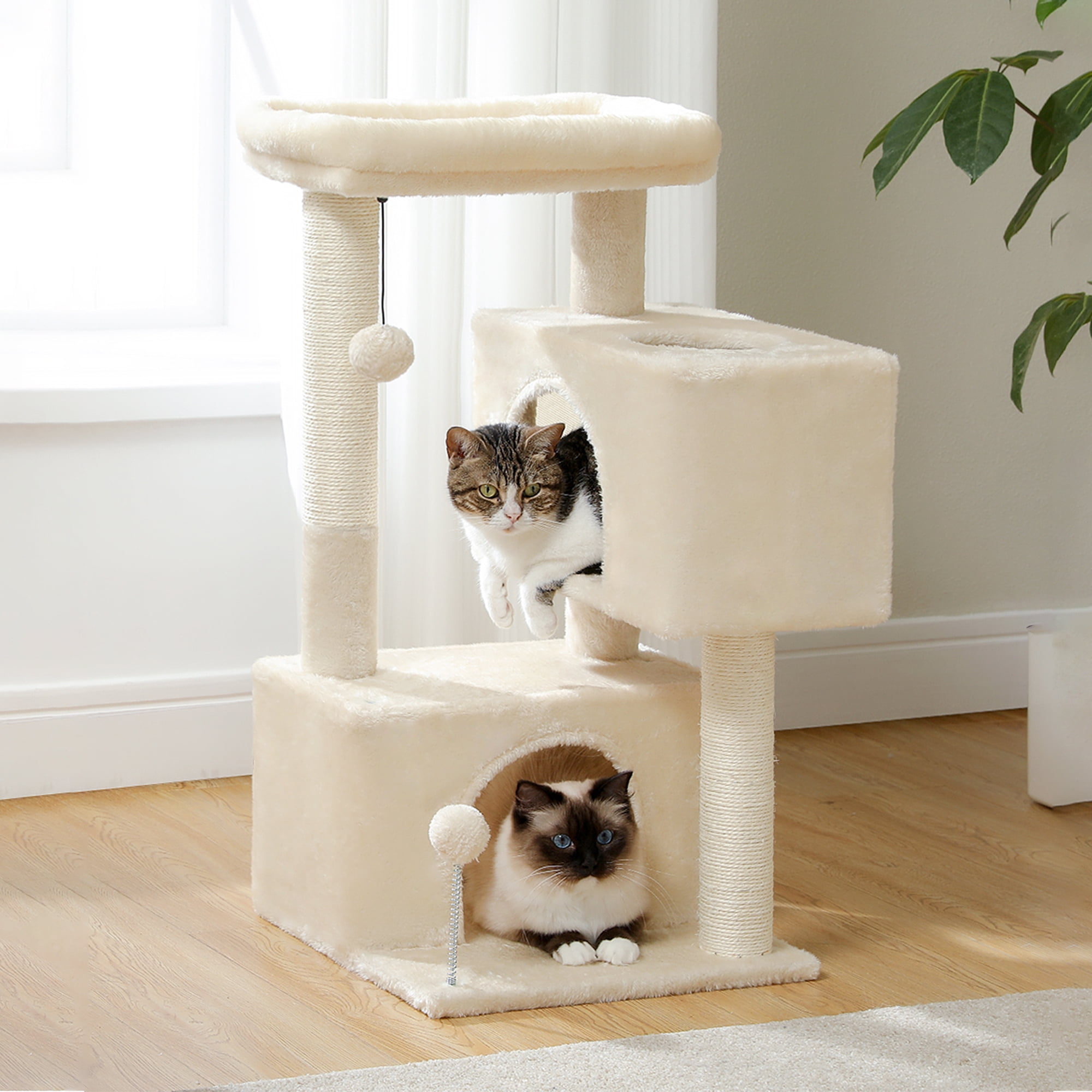Pefilos 31" Multi-Level Cat Tree Tower, Cute Sisal Play House Climber Activity Centre Furniture with Scratching Posts Hammock Dangling Ball, Beige Pefilos 31" Multi-Level Cat Tree Tower, Cute Sisal Play House Climber Activity Centre Furniture with Scratching Posts Hammock Dangling Ball, Beige