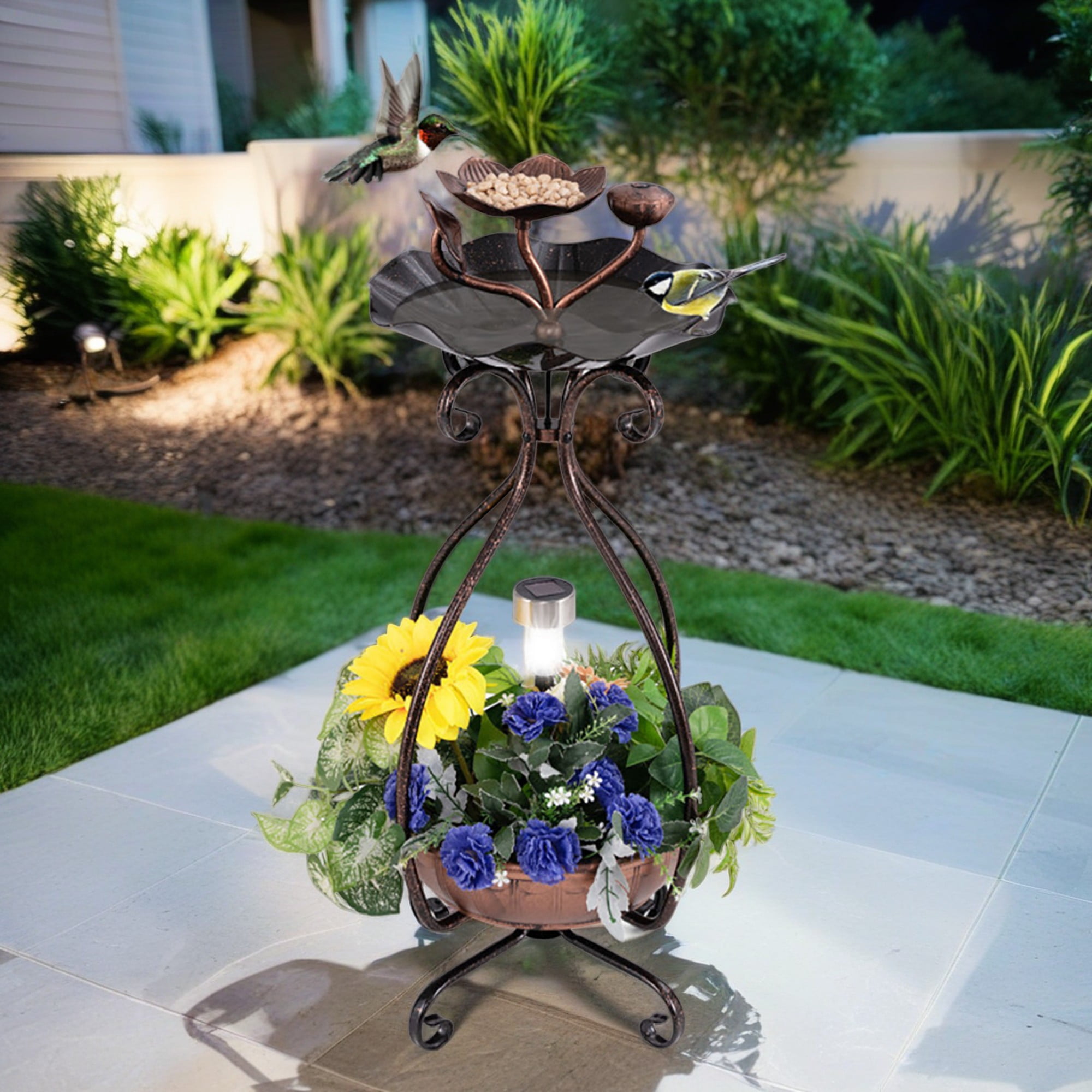 Pefilos 31" Outdoor Garden Bird Bath with Solar Light, Flower Planter Pedestal, Backyard Bird Feeder and Flower Planter, Brown