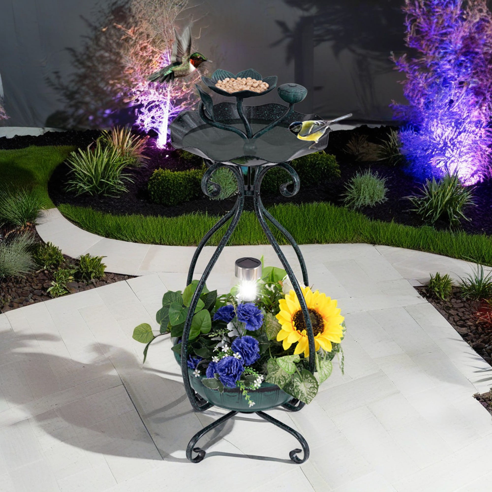 Pefilos 31" Outdoor Garden Bird Bath with Solar Light, Flower Planter Pedestal, Backyard Bird Feeder and Flower Planter, Green Pefilos 31" Outdoor Garden Bird Bath with Solar Light, Flower Planter Pedestal, Backyard Bird Feeder and Flower Planter, Green