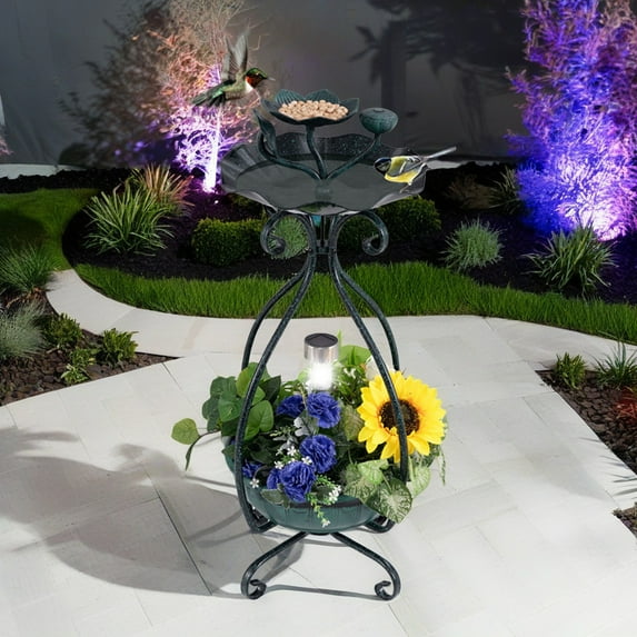 Pefilos 31" Outdoor Garden Bird Bath with Solar Light, Flower Planter Pedestal, Backyard Bird Feeder and Flower Planter, Green