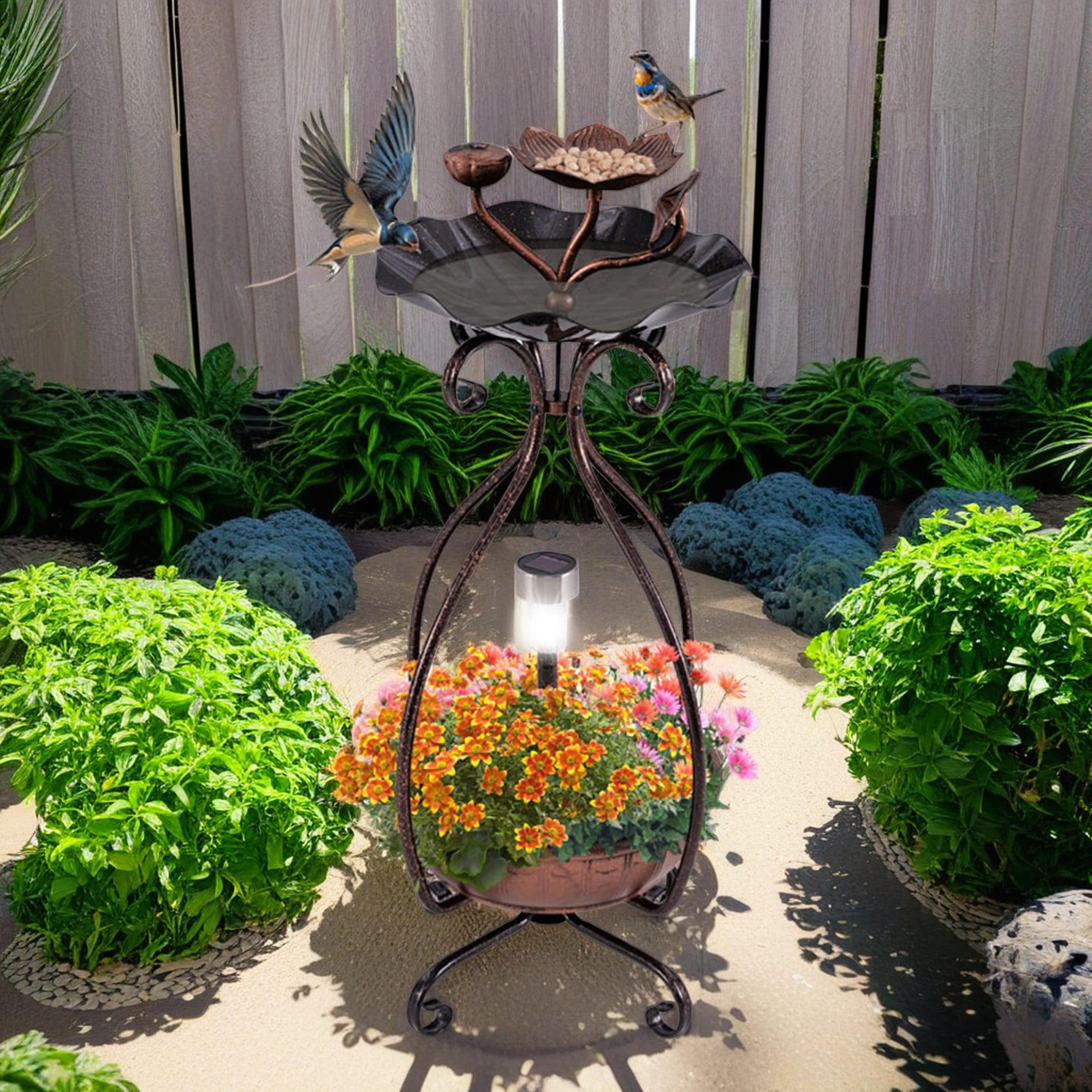 Pefilos 31" Outdoor Pedestal Garden Bird Bath with Solar Light, Bird Feeder and Flower Planter, Standing Lotus Leaf Bowl Birdbath, Brown Pefilos 31" Outdoor Pedestal Garden Bird Bath with Solar Light, Bird Feeder and Flower Planter, Standing Lotus Leaf Bowl Birdbath, Brown