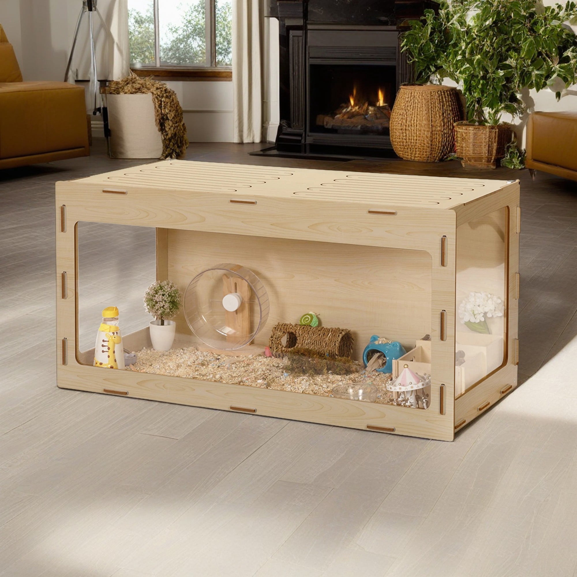 Pefilos 31" Wood Hamster Cage for Indoor, Acrylic Hutch for Dwarf Hamster, Guinea Pig, Chinchilla, Beige